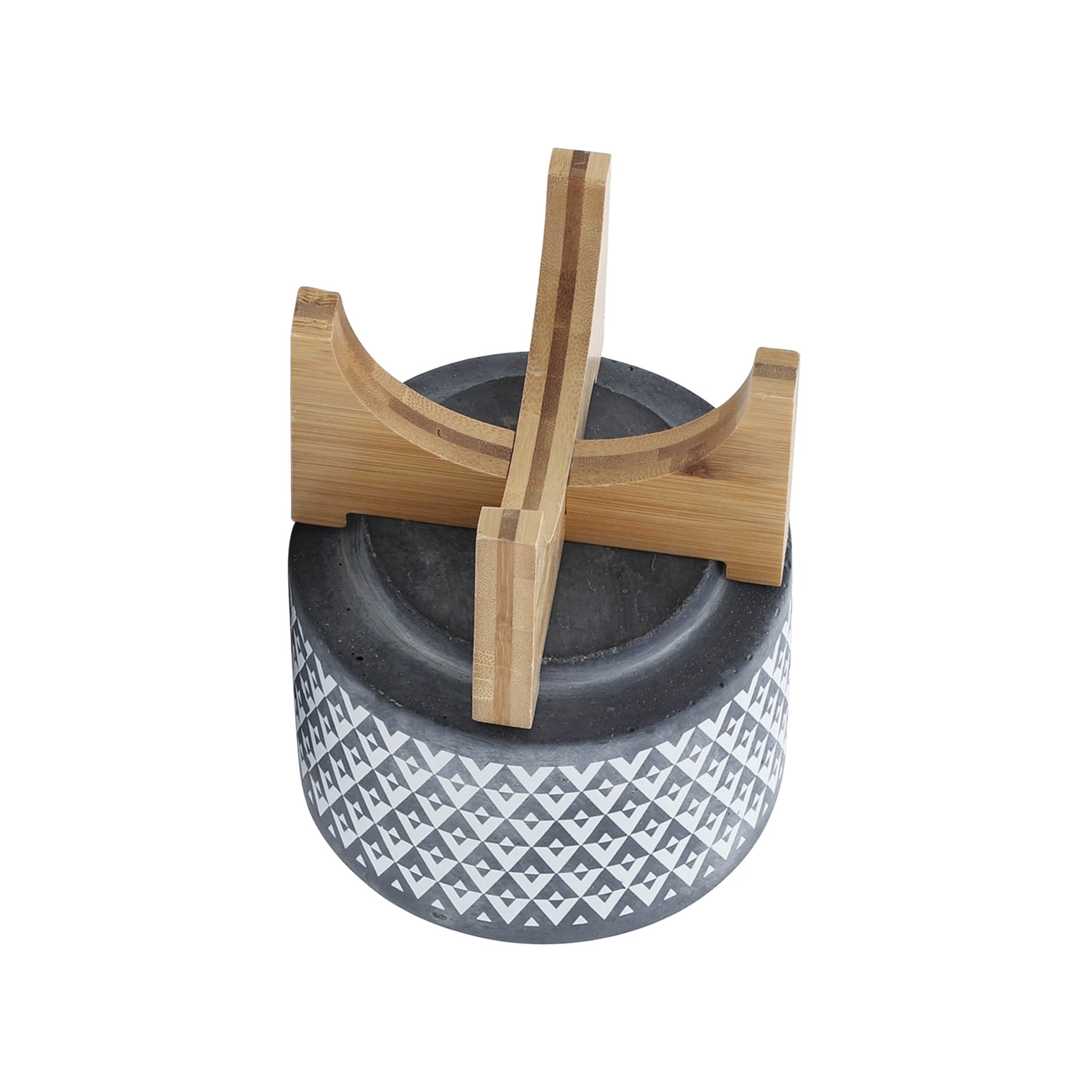 CERAMIC 5" AZTEC PLANTER ON WOODEN STAND, GRAY