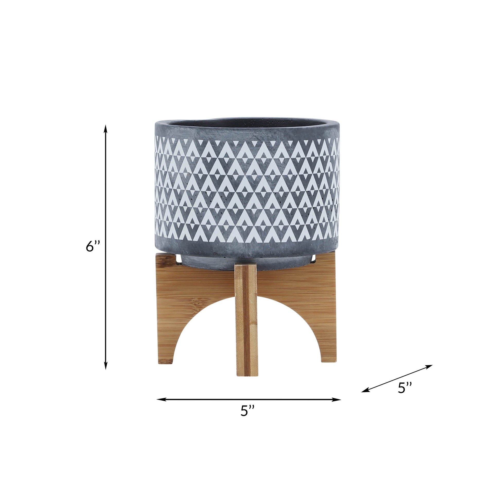 CERAMIC 5" AZTEC PLANTER ON WOODEN STAND, GRAY