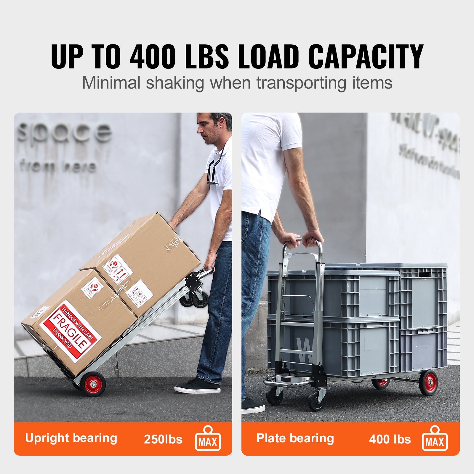 Aluminum Folding Hand Truck, 2 in 1 Design 400 lbs Capacity, Heavy Duty Industrial Collapsible cart, Dolly Cart with Rubber Wheels for Transport and Moving in Warehouse, Supermarket, Garden