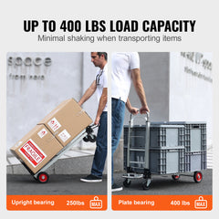 Aluminum Folding Hand Truck, 2 in 1 Design 400 lbs Capacity, Heavy Duty Industrial Collapsible cart, Dolly Cart with Rubber Wheels for Transport and Moving in Warehouse, Supermarket, Garden