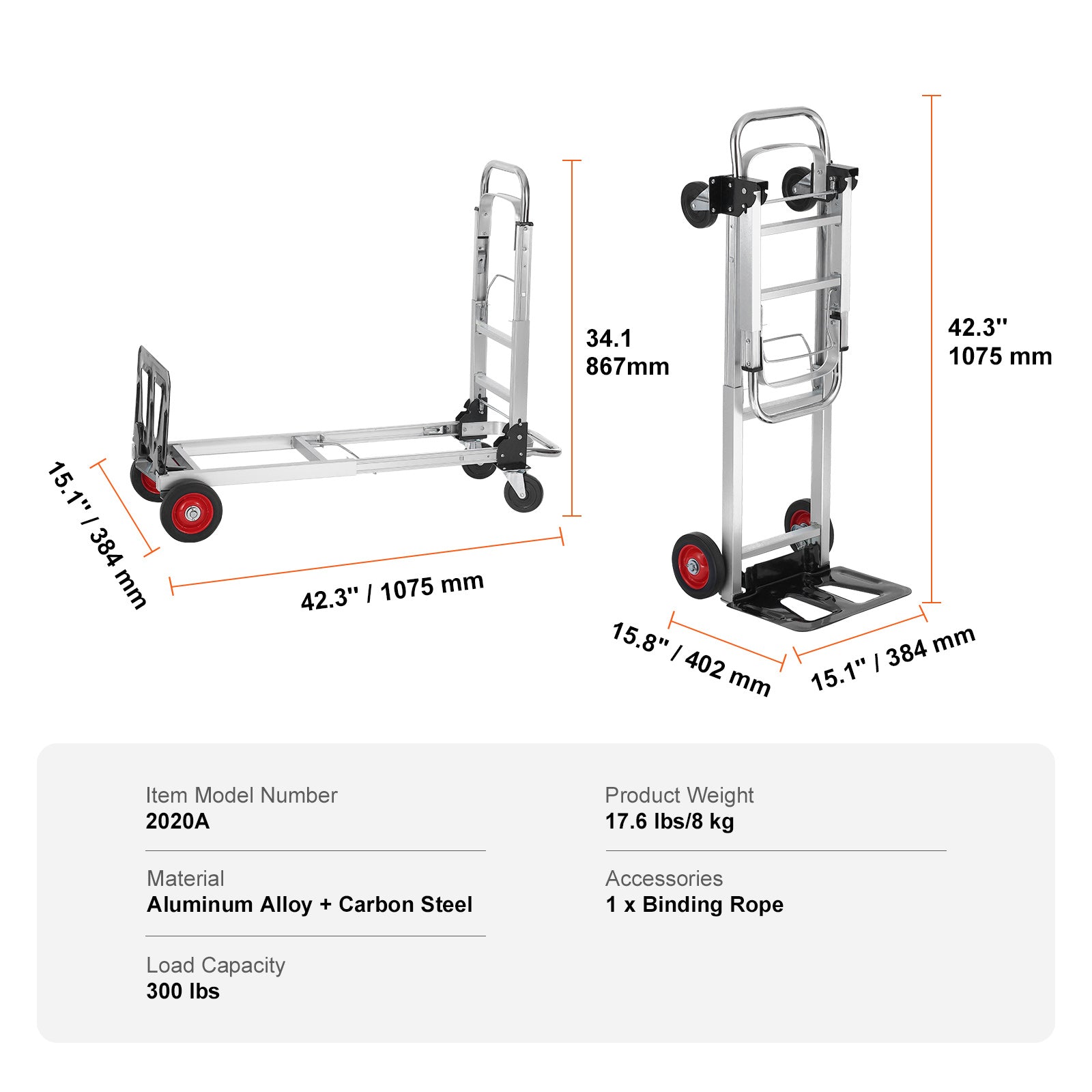 Aluminum Folding Hand Truck, 2 in 1 Design 400 lbs Capacity, Heavy Duty Industrial Collapsible cart, Dolly Cart with Rubber Wheels for Transport and Moving in Warehouse, Supermarket, Garden