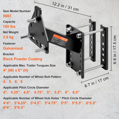 Spare Tire Carrier, Trailer Spare Tire Mount, 160 lbs Capacity, Utility Trailer Accessories Fits Most 4 & 5 & 6 & 8 Lugs Wheels on 4", 4.25", 4.5", 4.75", 5", 5.5", 6", 6.5" Bolt Patterns