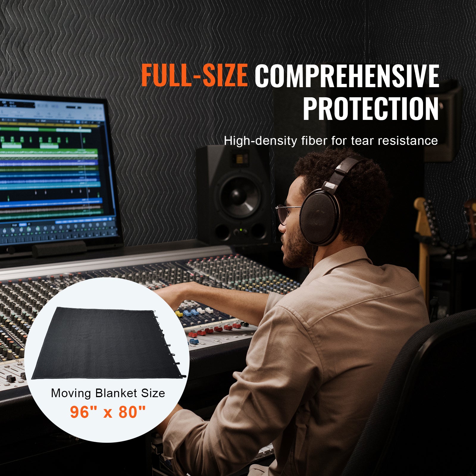 Sound Dampening Blanket, 96" x 80", Extra Large Studio Grommeted Soundproof Blanket with Grommets, Light Blocker for Door Acoustic Noise Blocking Blanket Studio Sound Absorption Sheet, Black