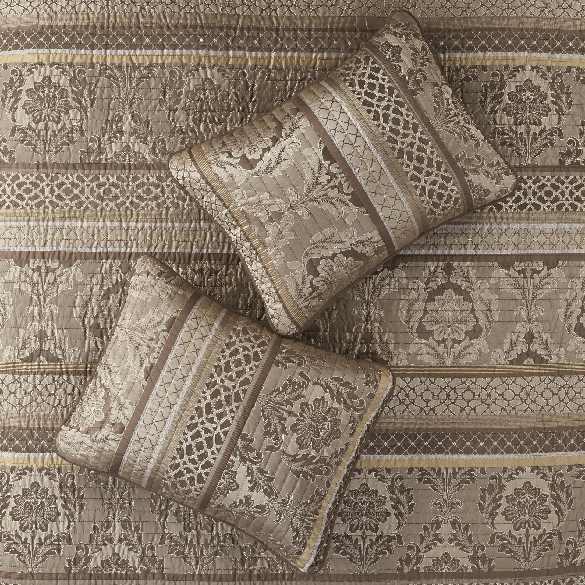6 Piece Jacquard Quilt Set with Throw Pillows Brown/Gold King/Cal King