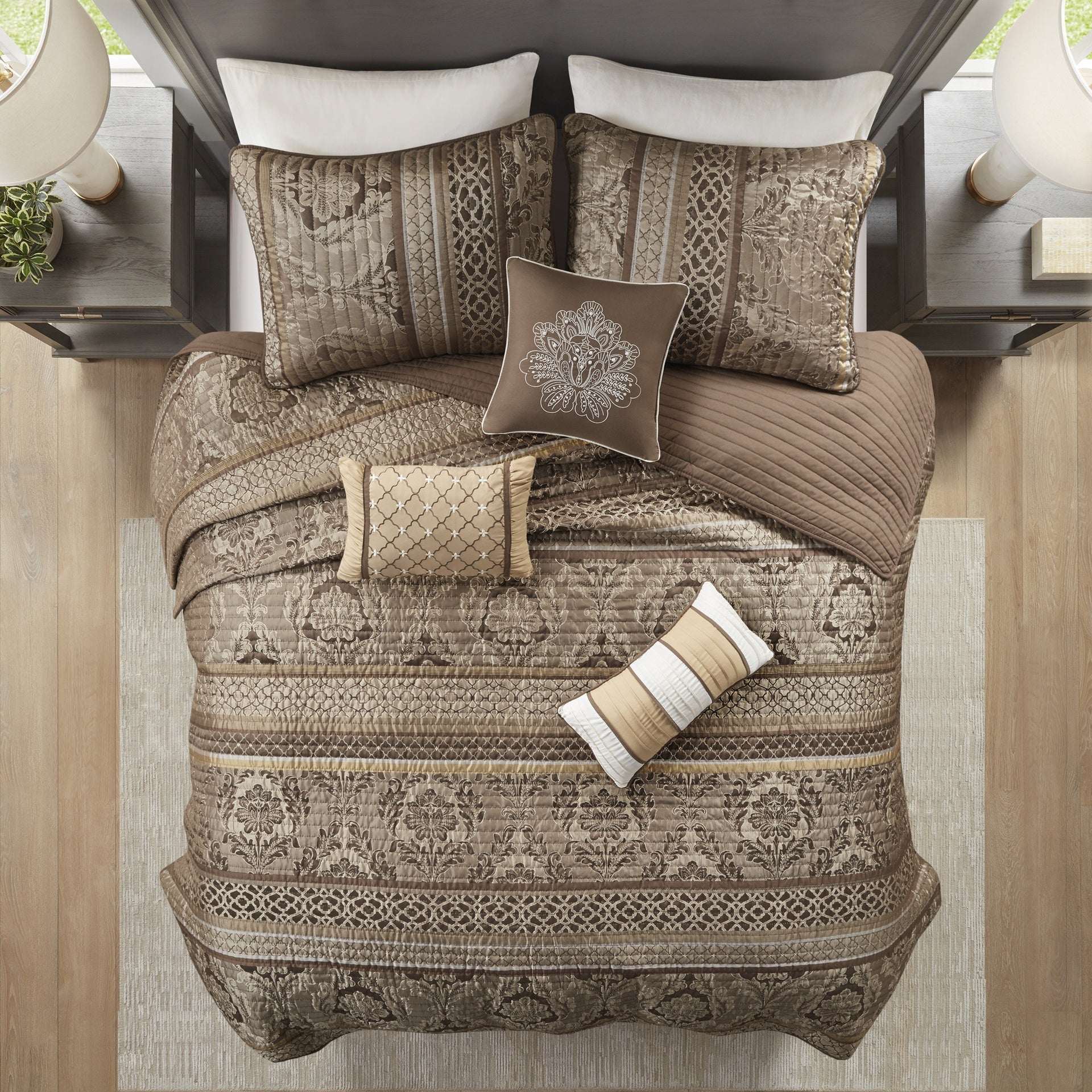 6 Piece Jacquard Quilt Set with Throw Pillows Brown/Gold King/Cal King