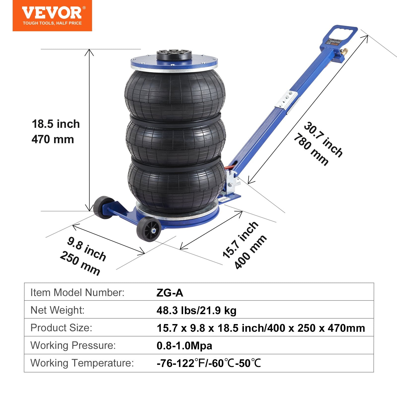 Air Jack, 5 Ton/11000 lbs Triple Bag Air Jack, Airbag Jack with Six Steel Pipes, Lift up to 18.5 inch/470 mm, 3-5 s Fast Lifting Pneumatic Jack, with Adjustable Handle for Car, Garage, Repair