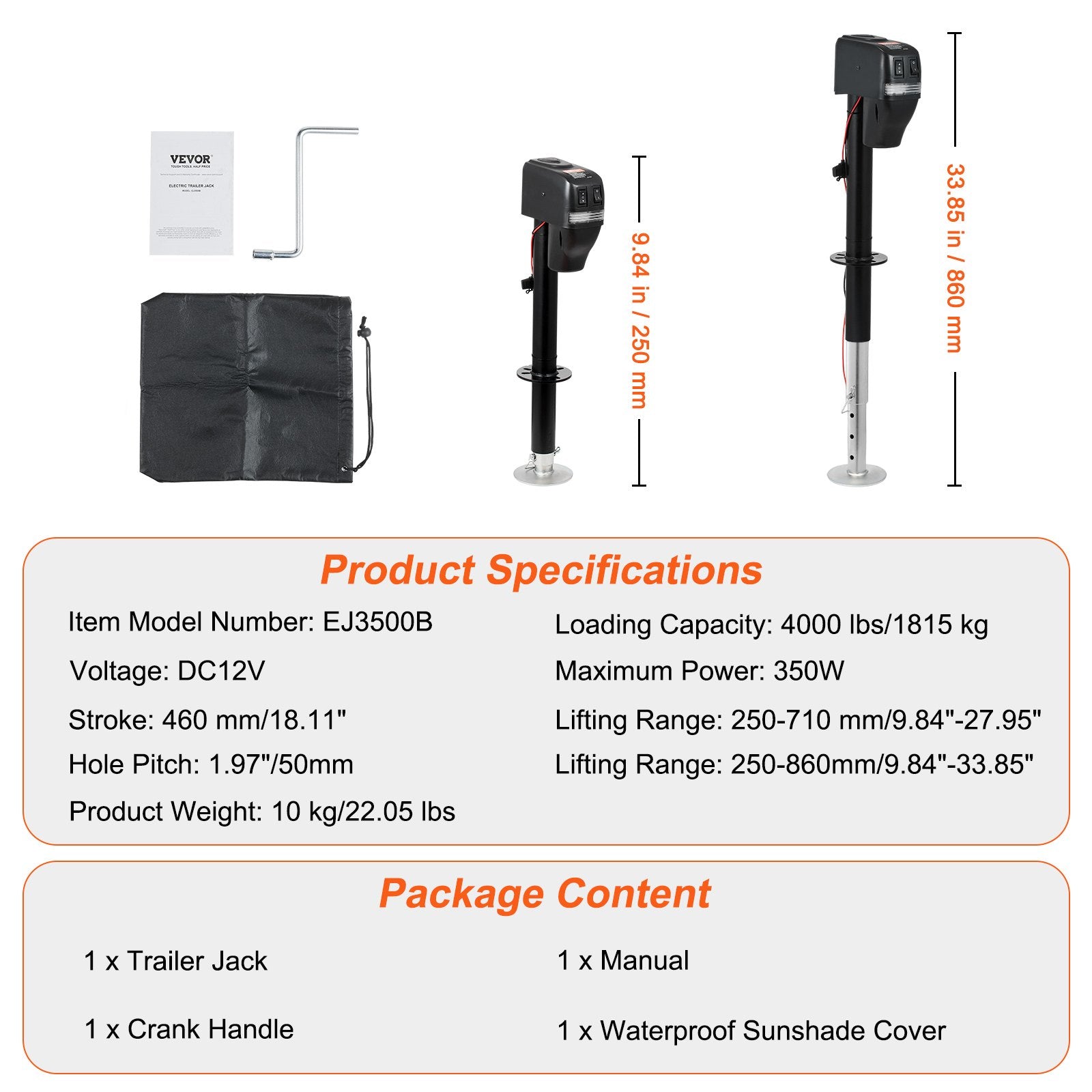 Electric Trailer Jack, Power Tongue Jack Weight Capacity 4000 lbs, 9.84"-33.85" Electric Tongue Jack with Waterproof Cover for Lifting RV Trailer, Horse Trailer, Utility Trailer, Yacht Trailer