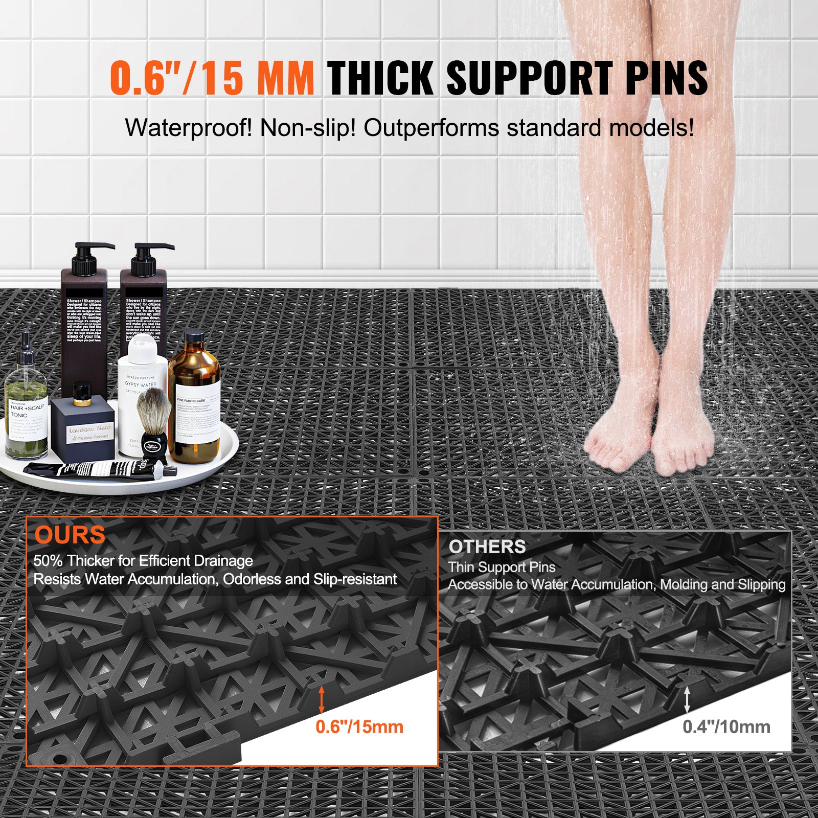 Interlocking Tile 50PCS Black, Drainage Tiles 12" x 12" Splicing, Soft PVC Interlocking Drainage Floor Tiles, Non-Slip Drainage Holes for Restroom, Bathroom, Kitchen, Pool, Wet Areas