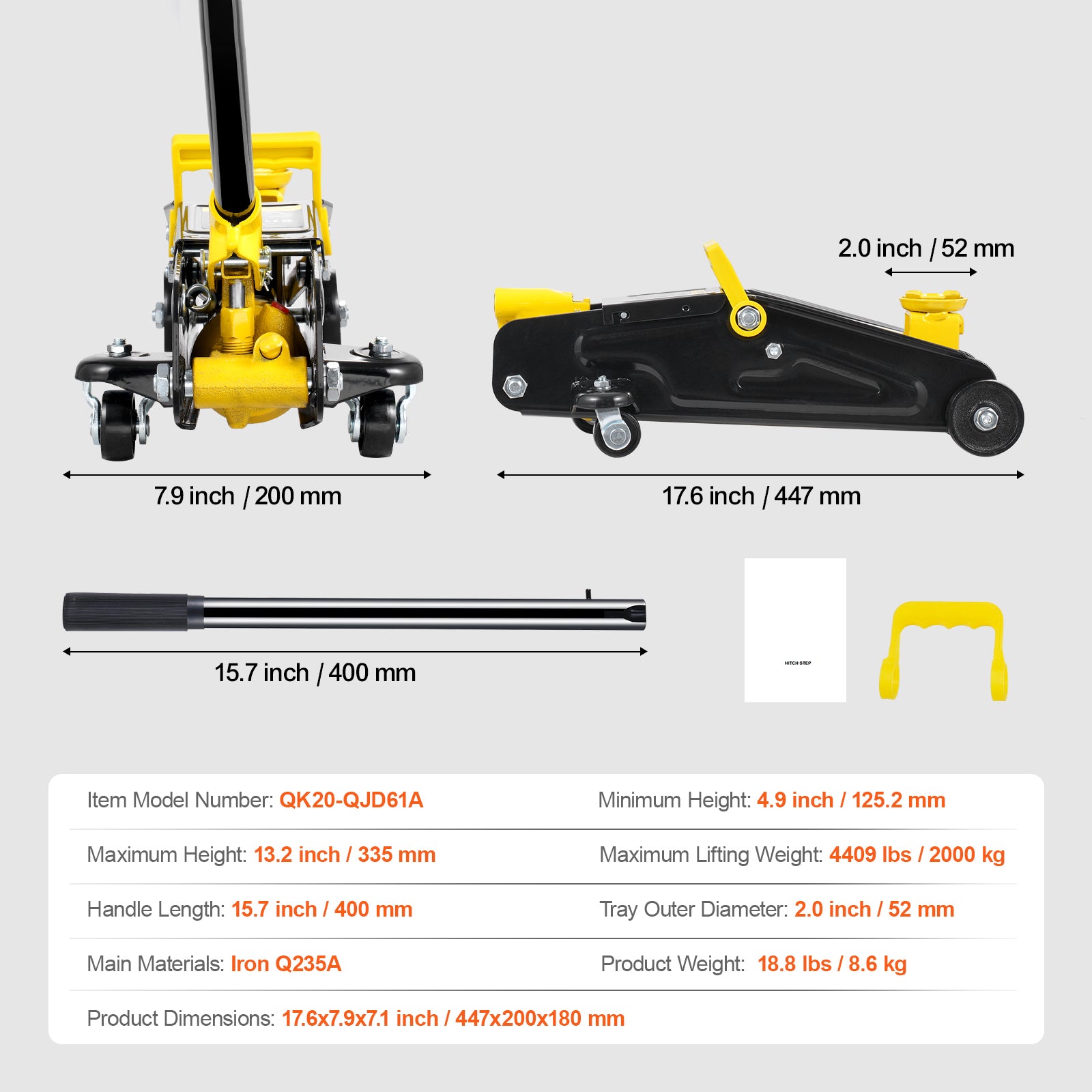 Low Profile Floor Jack 2 Ton Heavy Duty Single Piston Hydraulic Pump