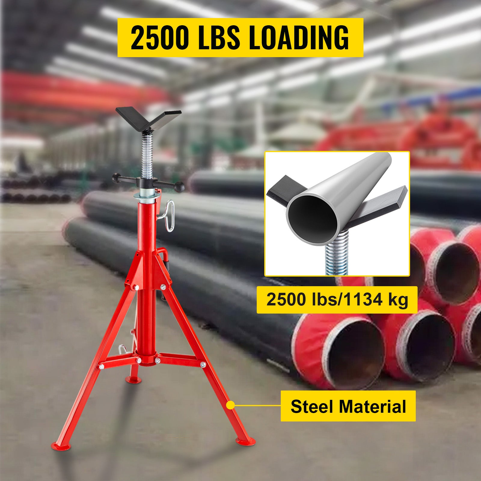 V Head Pipe Stand Adjustable Height 28-52 Inch, Pipe Jack Stands 2500 LB. Capacity,Folding Portable Pipe Stands 1/2 to 12 Inch Pipe Supporting,Steel Jack Stands
