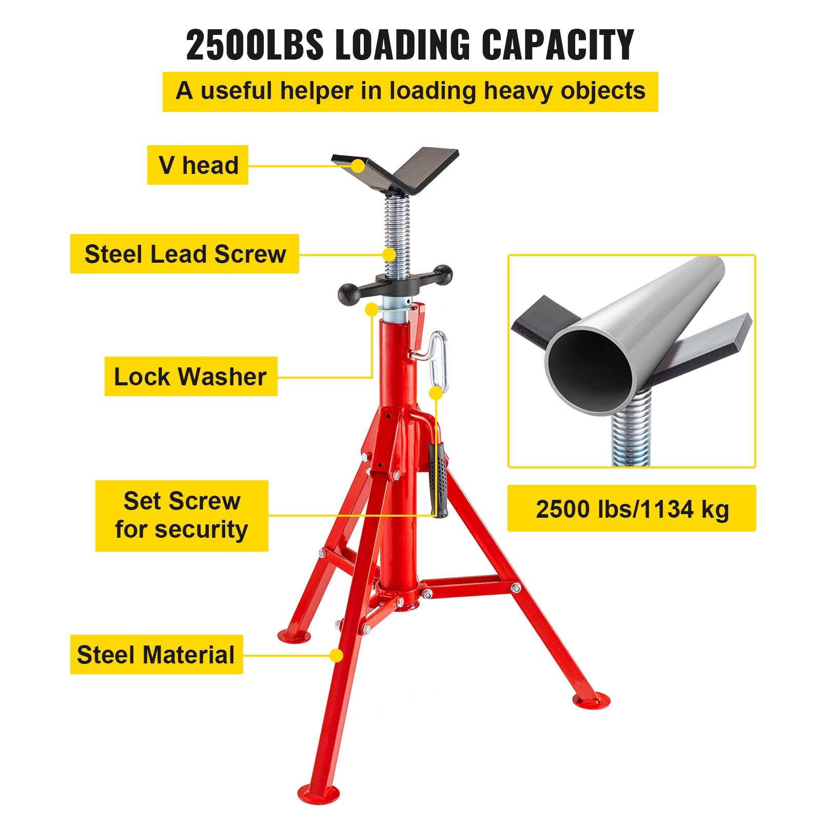 V Head Pipe Stand Adjustable Height 28-52 Inch, Pipe Jack Stands 2500 LB. Capacity,Folding Portable Pipe Stands 1/2 to 12 Inch Pipe Supporting,Steel Jack Stands