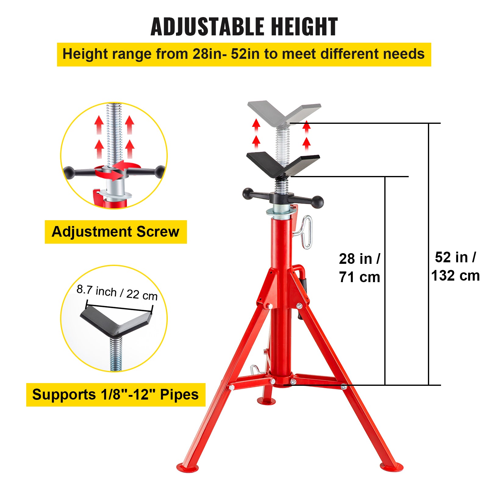 V Head Pipe Stand Adjustable Height 28-52 Inch, Pipe Jack Stands 2500 LB. Capacity,Folding Portable Pipe Stands 1/2 to 12 Inch Pipe Supporting,Steel Jack Stands