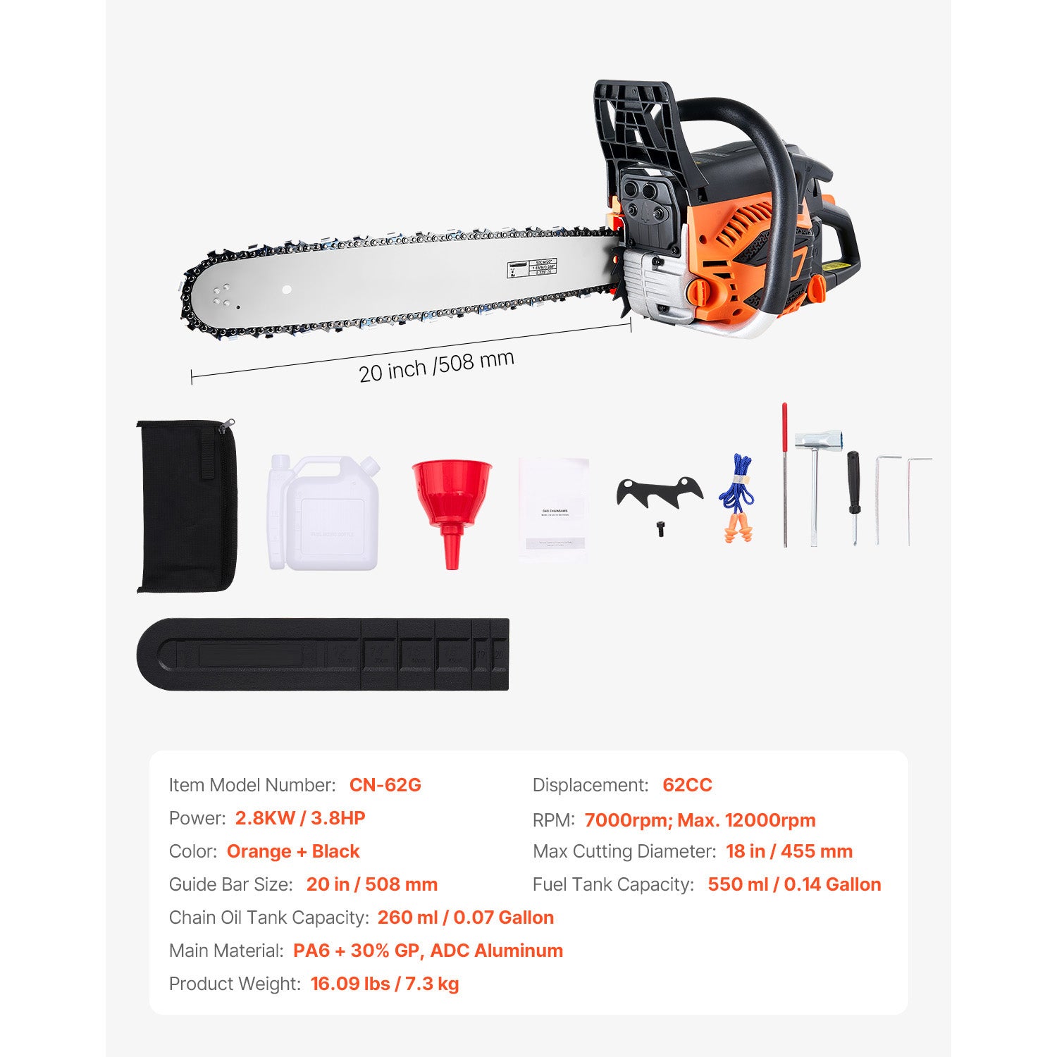 62cc Gas Chainsaw 3.8 HP Gas Powered 20 inch Chainsaw For Wood Cutting