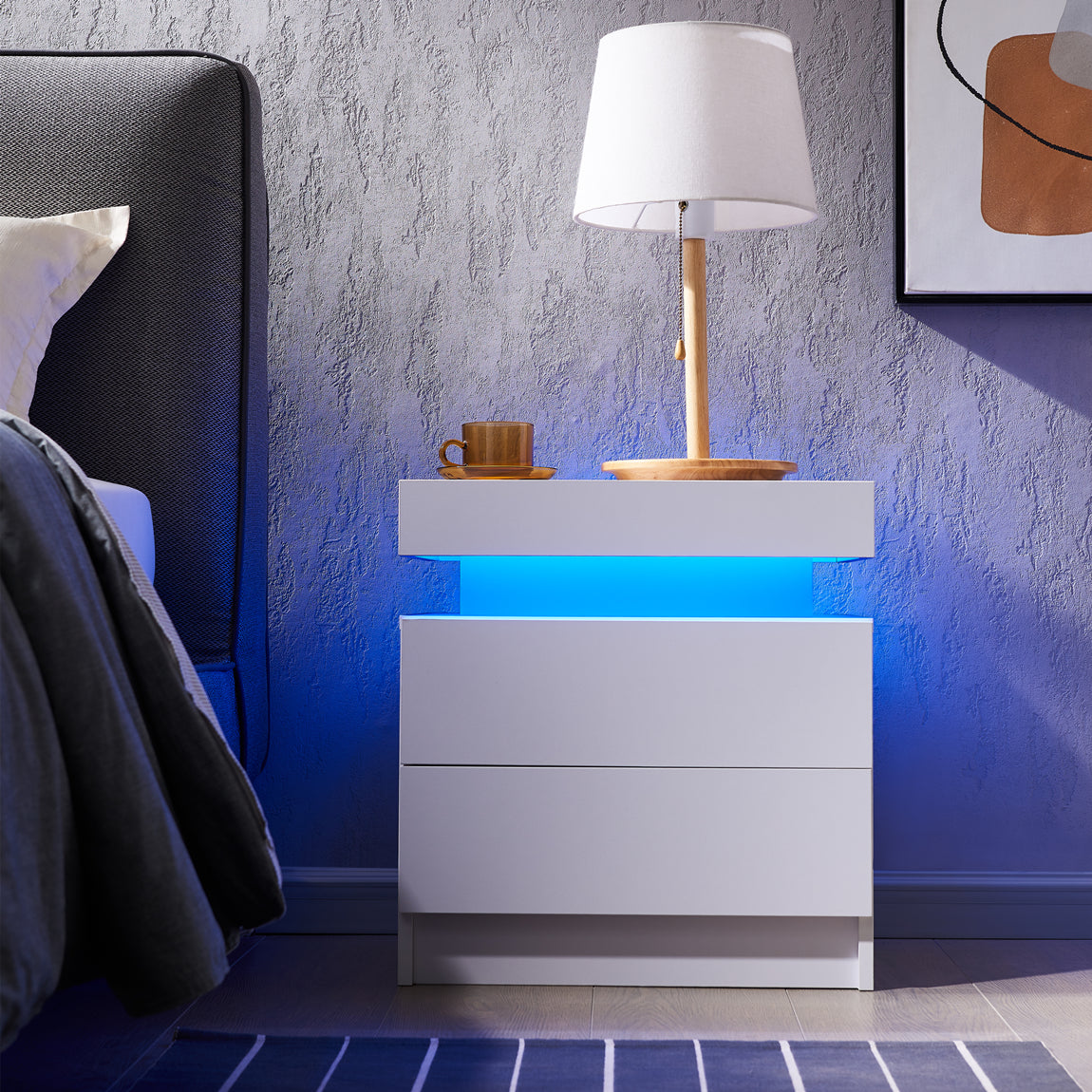 Nightstand LED Bedside Table Cabinet Lights Modern End Side with 2 Drawers for Bedroom (White)