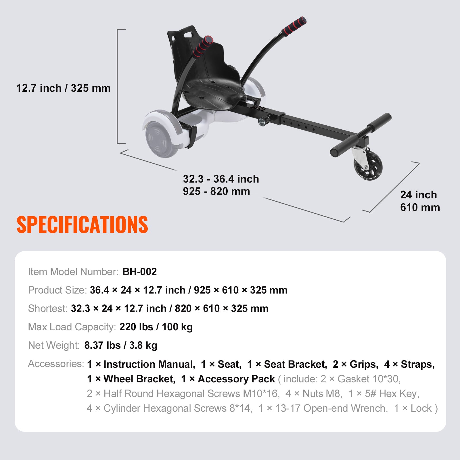 Hoverboard Seat Attachment, for 6.5" 8" 8.5" 10" Hoverboards, with LED Lights, Grips Control, Adjustable Frame Length and 220 LBS Load Capacity, Hover Board Go Karts Accessory, for Kids Adults