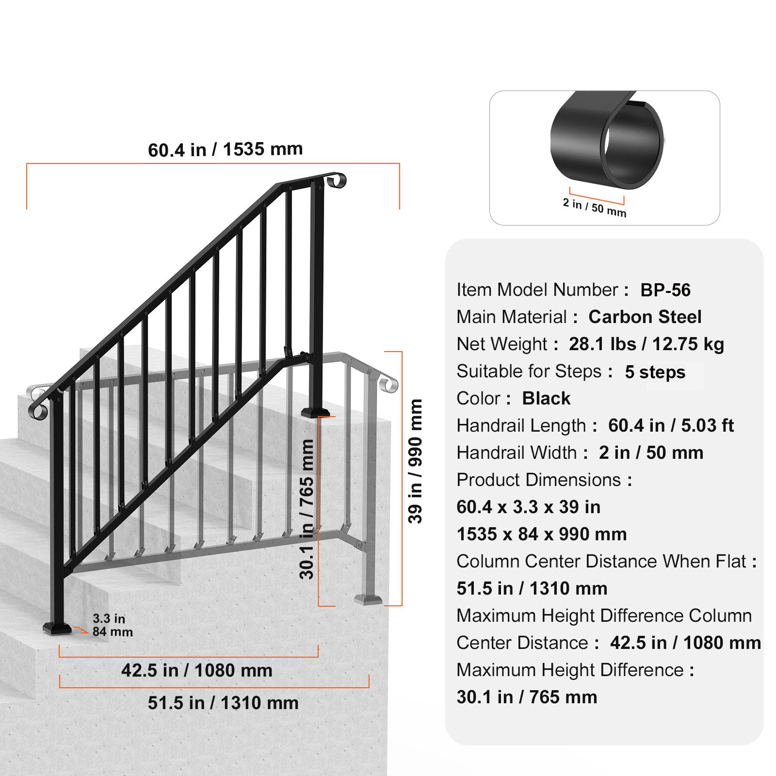 5-6 Step Handrails for Outdoor for Seniors Porch Deck Black Retro Arch