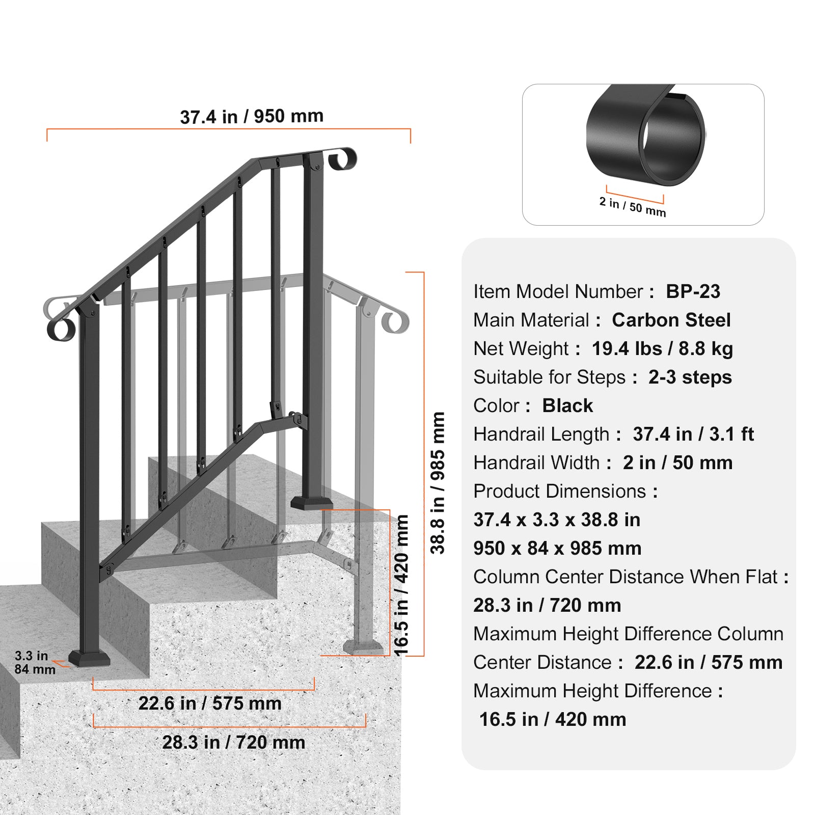 2-3 Step Handrails for Outdoor for Seniors Porch Deck Black Retro Arch