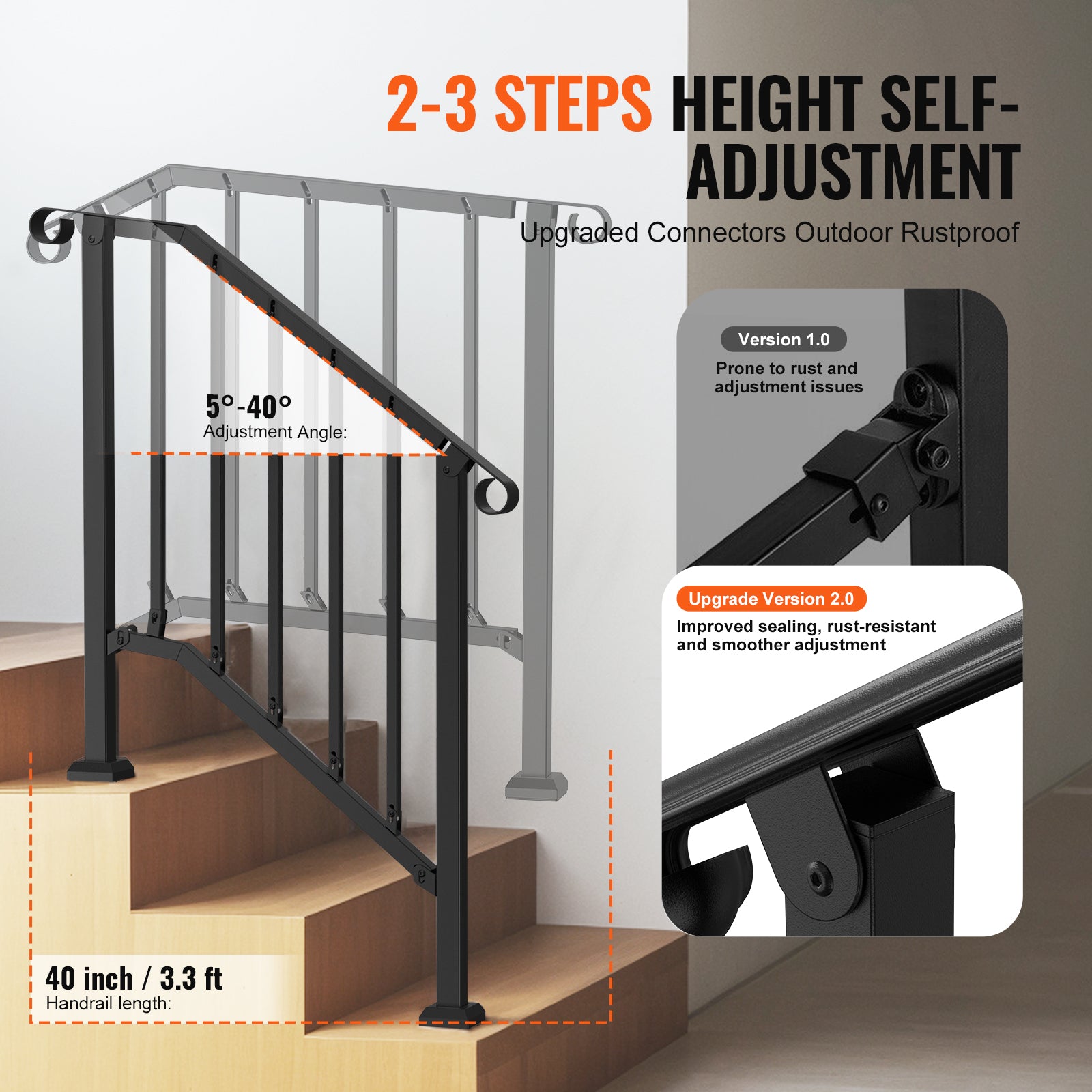 2-3 Step Handrails for Outdoor for Seniors Porch Deck Black Retro Arch