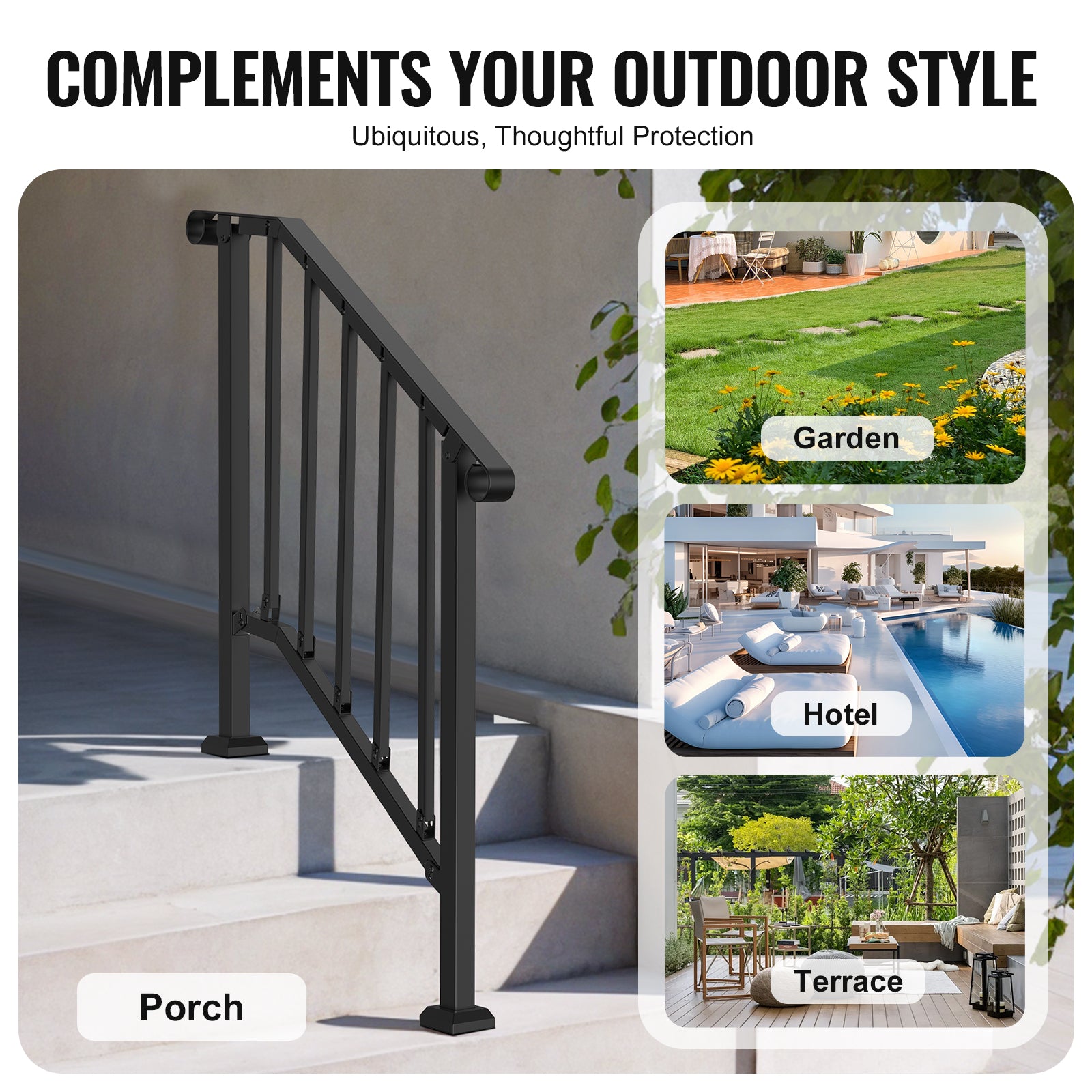 2-3 Step Handrails for Outdoor for Seniors Porch Deck Black Retro Arch