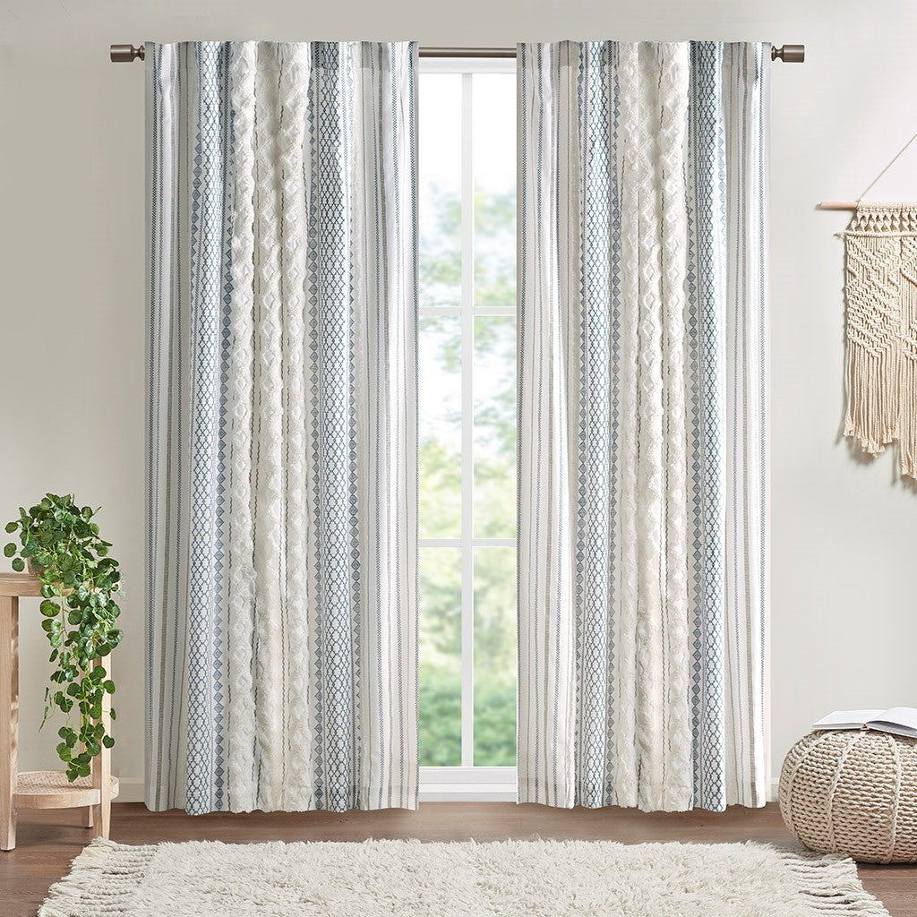 Cotton Printed Curtain Panel with Chenille Stripe and Lining White/Navy 50x84 inch