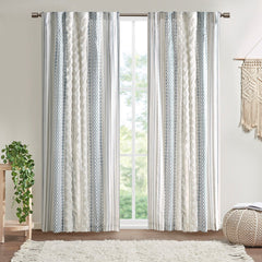 Cotton Printed Curtain Panel with Chenille Stripe and Lining White/Navy 50x84 inch