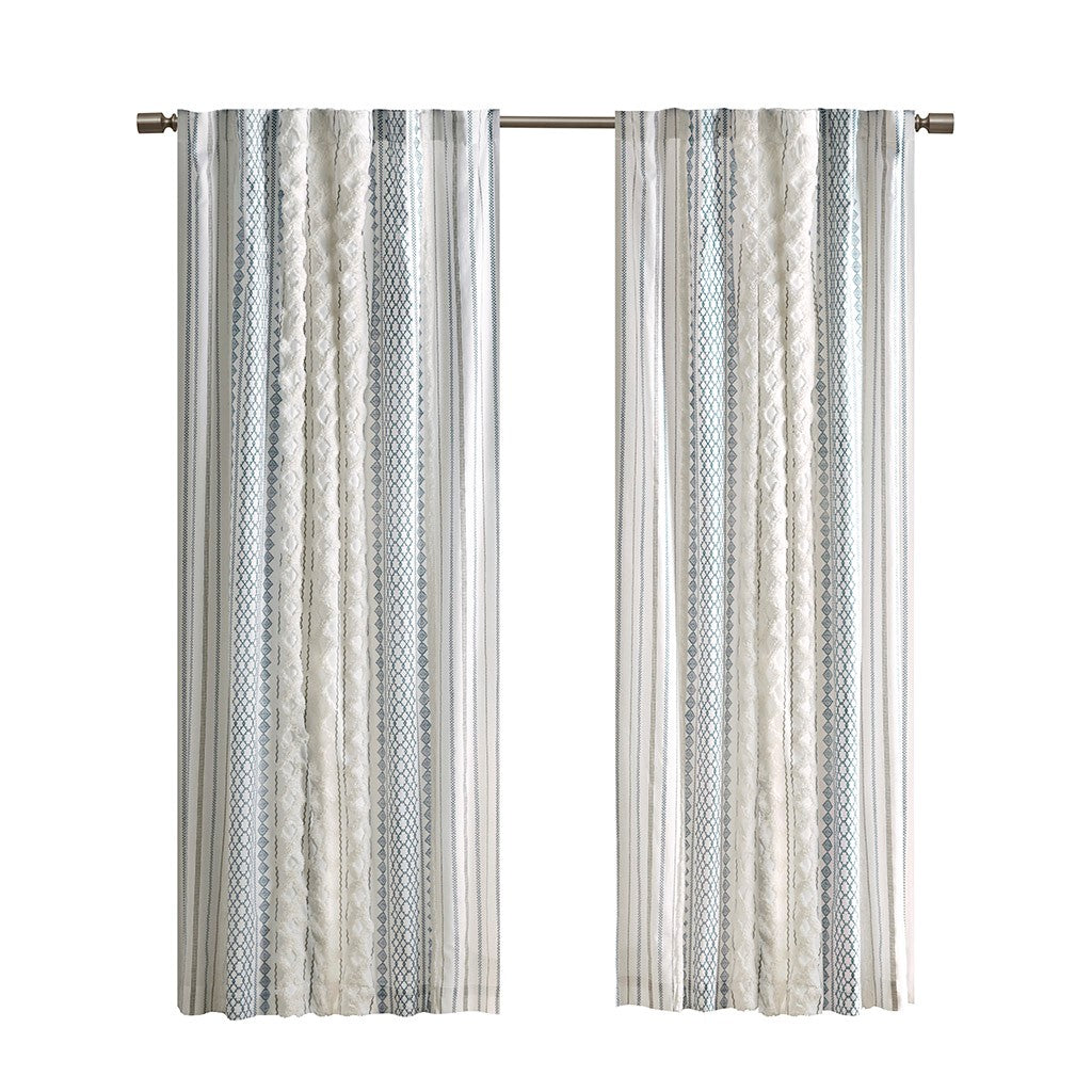 Cotton Printed Curtain Panel with Chenille Stripe and Lining White/Navy 50x84 inch