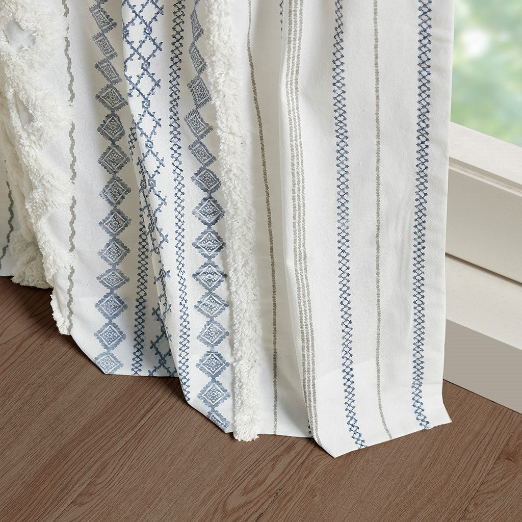 Cotton Printed Curtain Panel with Chenille Stripe and Lining White/Navy 50x84 inch