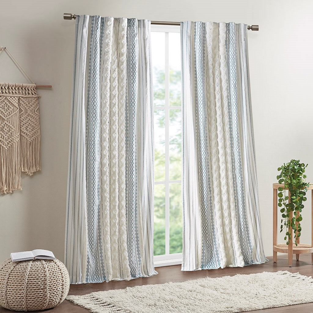 Cotton Printed Curtain Panel with Chenille Stripe and Lining White/Navy 50x84 inch