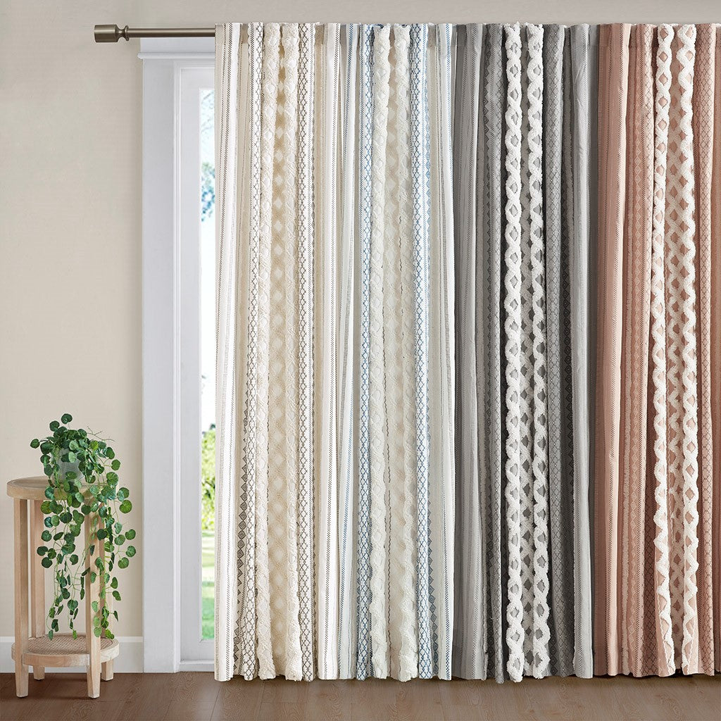 Cotton Printed Curtain Panel with Chenille Stripe and Lining White/Navy 50x84 inch