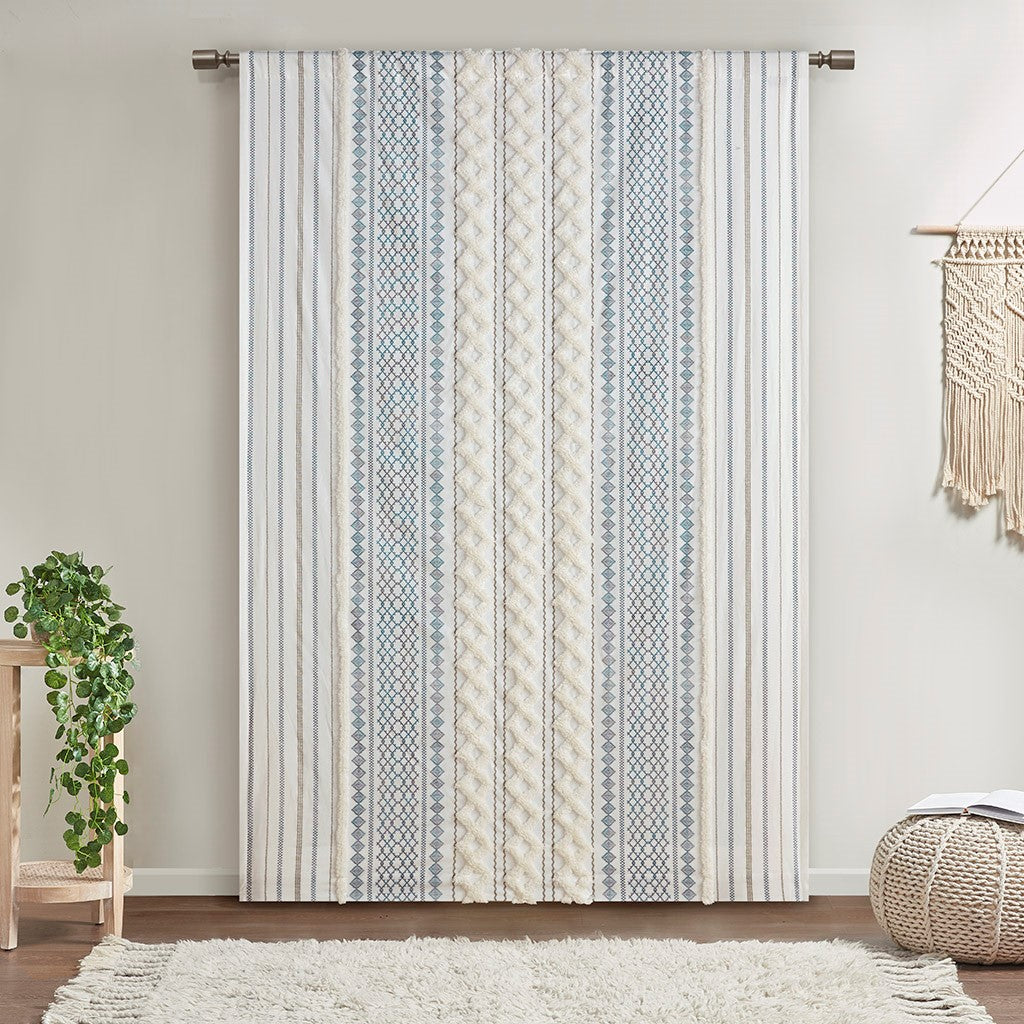 Cotton Printed Curtain Panel with Chenille Stripe and Lining White/Navy 50x84 inch