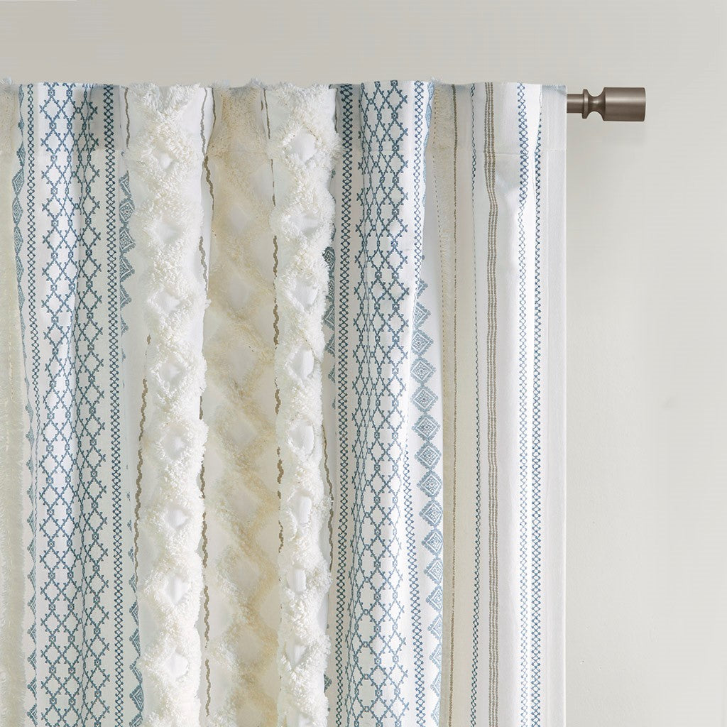 Cotton Printed Curtain Panel with Chenille Stripe and Lining White/Navy 50x84 inch
