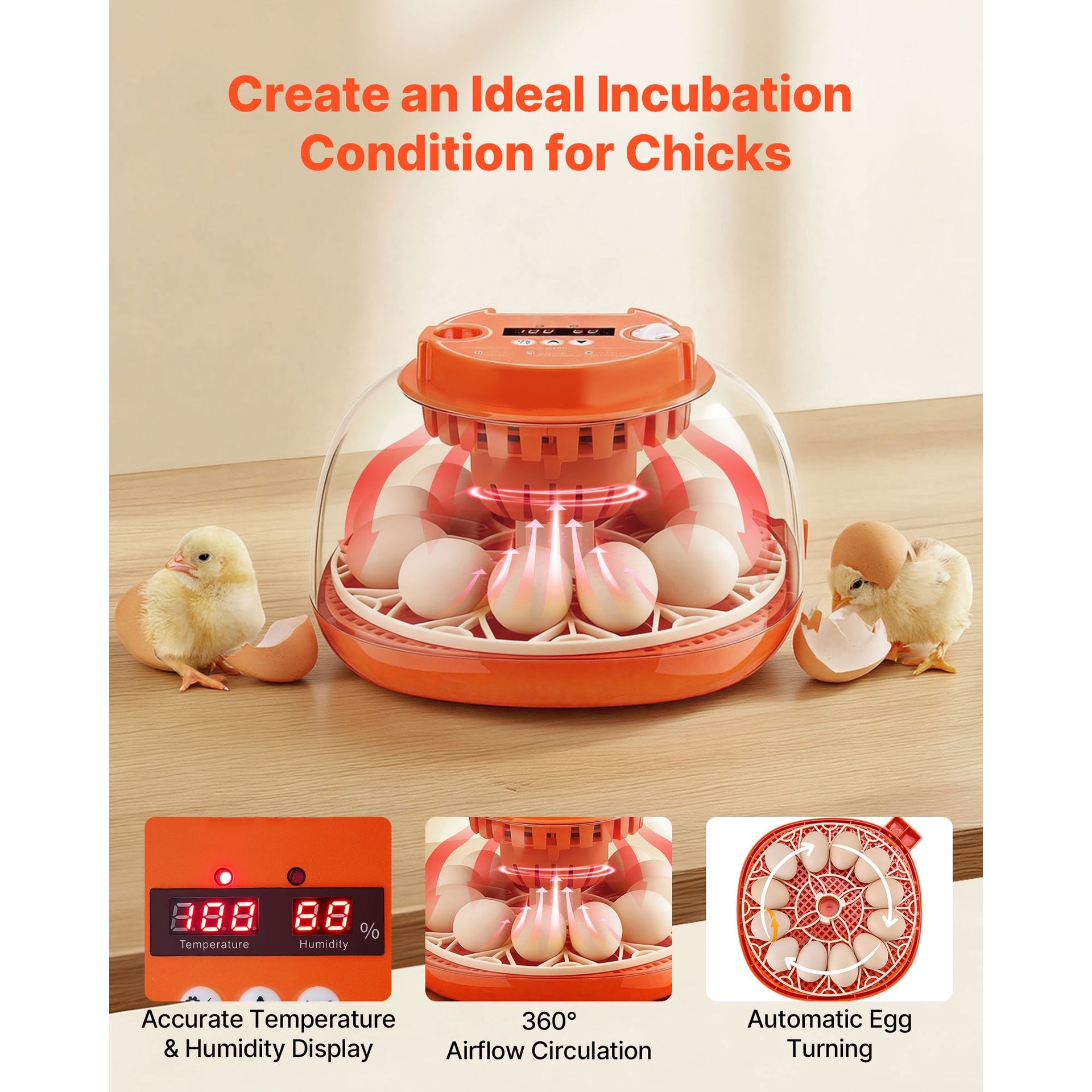 12 Egg Incubator, Automatic Egg Turner with LED Candler, Temperature & Humidity Control, 360° View Clear Window, Poultry Eggs Incubator for Home Farm, Hatching Chicks Ducks Goose Quail