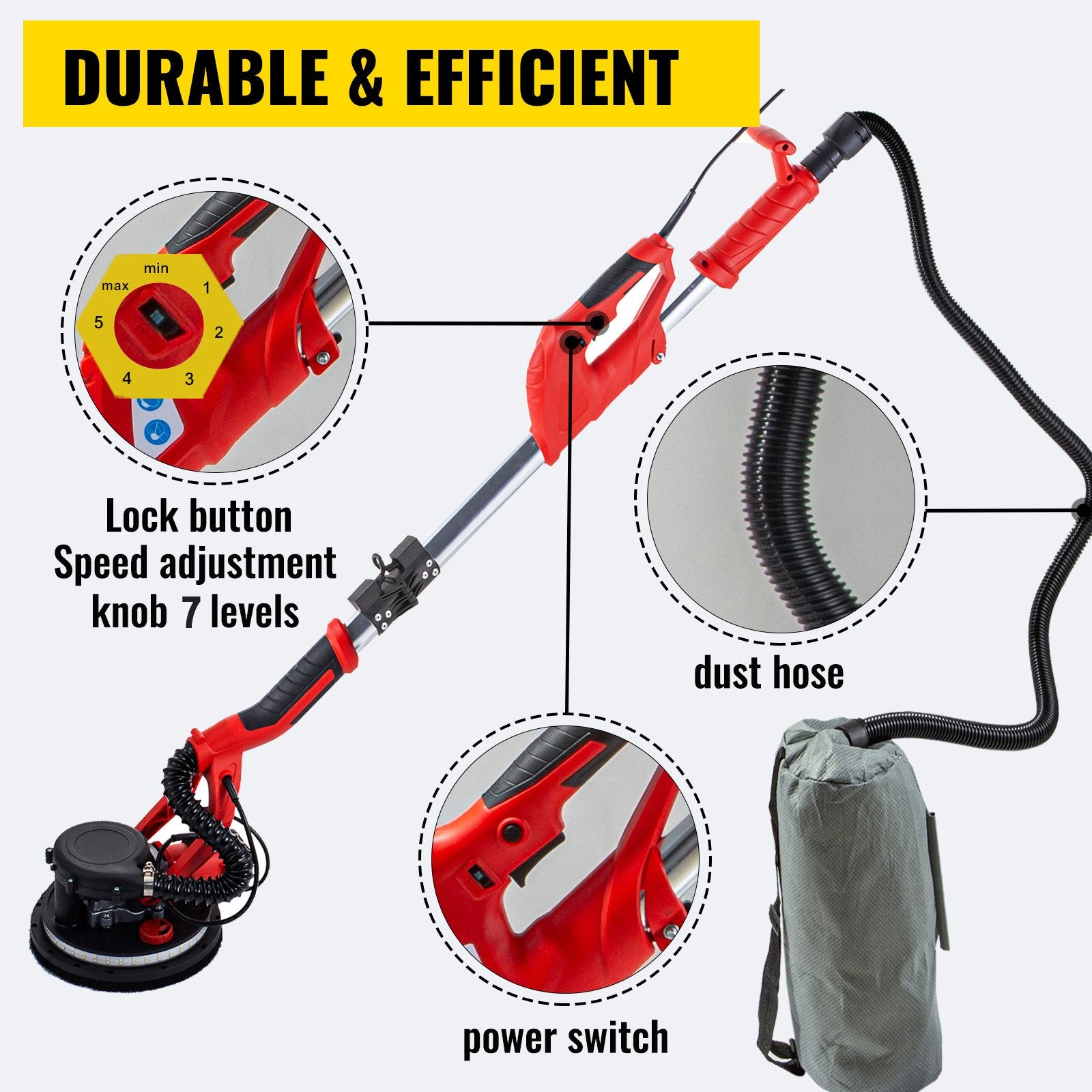 Drywall Sander 850W, Electric Drywall Sander, Variable Speed 800-1750 RPM, Foldable Sheetrock Sander, with Telescope Handle, Electric Sander, with LED Strip Light and Vacuum Bag, Wall Sander