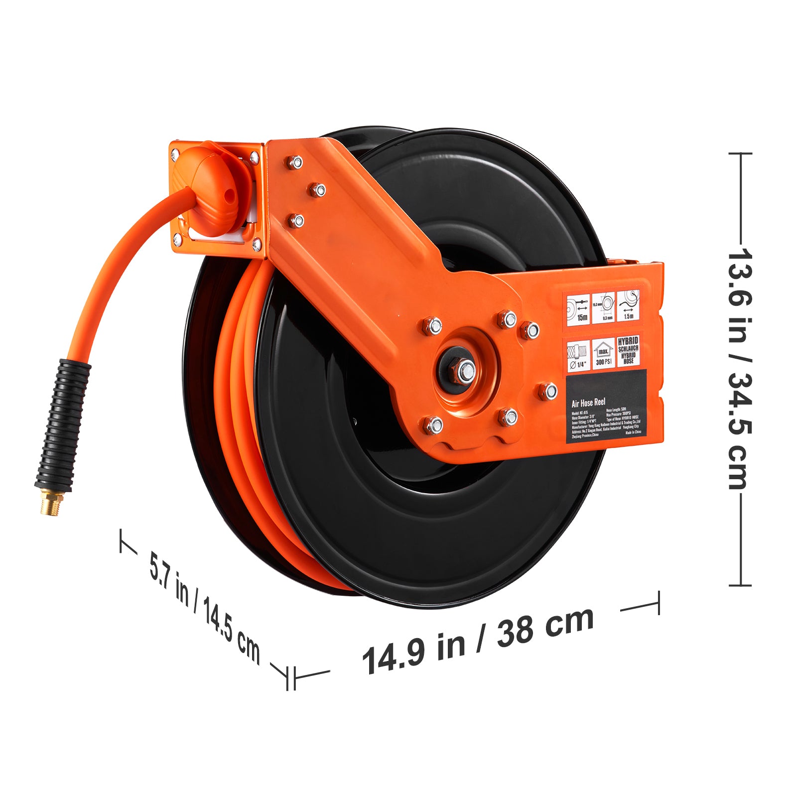 Retractable Air Hose Reel, 3/8 IN x 50 FT Hybrid Air Hose Max 300PSI, Air Compressor Hose Reel with 5 ft Lead in, Ceiling / Wall Mount Heavy Duty Single Arm Steel Reel
