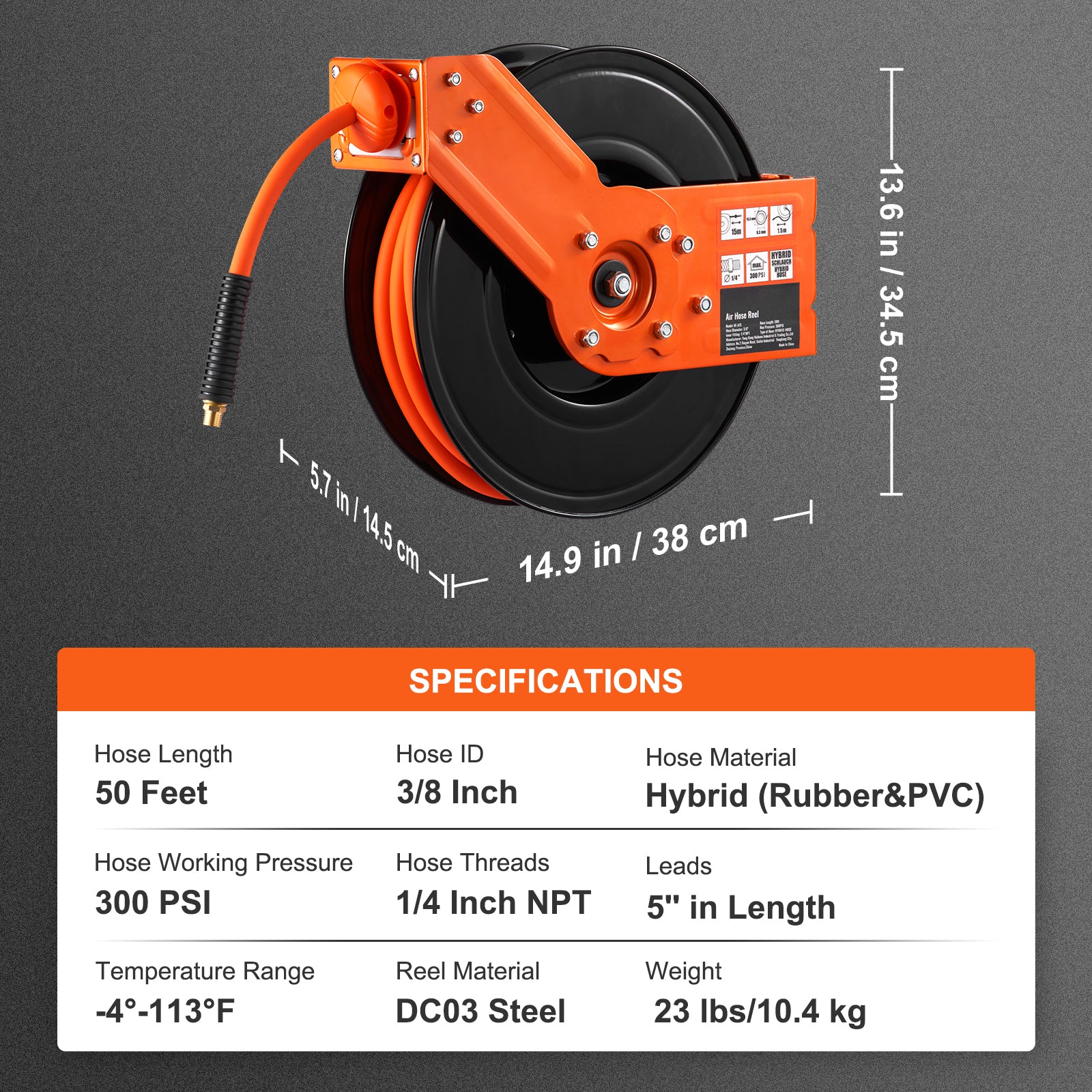 Retractable Air Hose Reel, 3/8 IN x 50 FT Hybrid Air Hose Max 300PSI, Air Compressor Hose Reel with 5 ft Lead in, Ceiling / Wall Mount Heavy Duty Single Arm Steel Reel