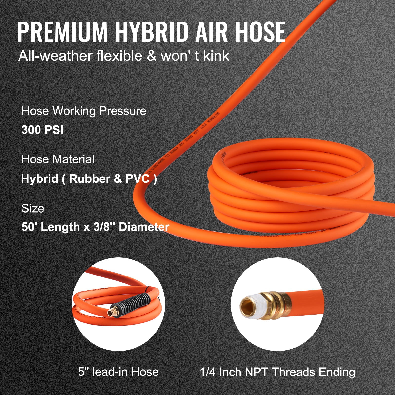 Retractable Air Hose Reel, 3/8 IN x 50 FT Hybrid Air Hose Max 300PSI, Air Compressor Hose Reel with 5 ft Lead in, Ceiling / Wall Mount Heavy Duty Single Arm Steel Reel