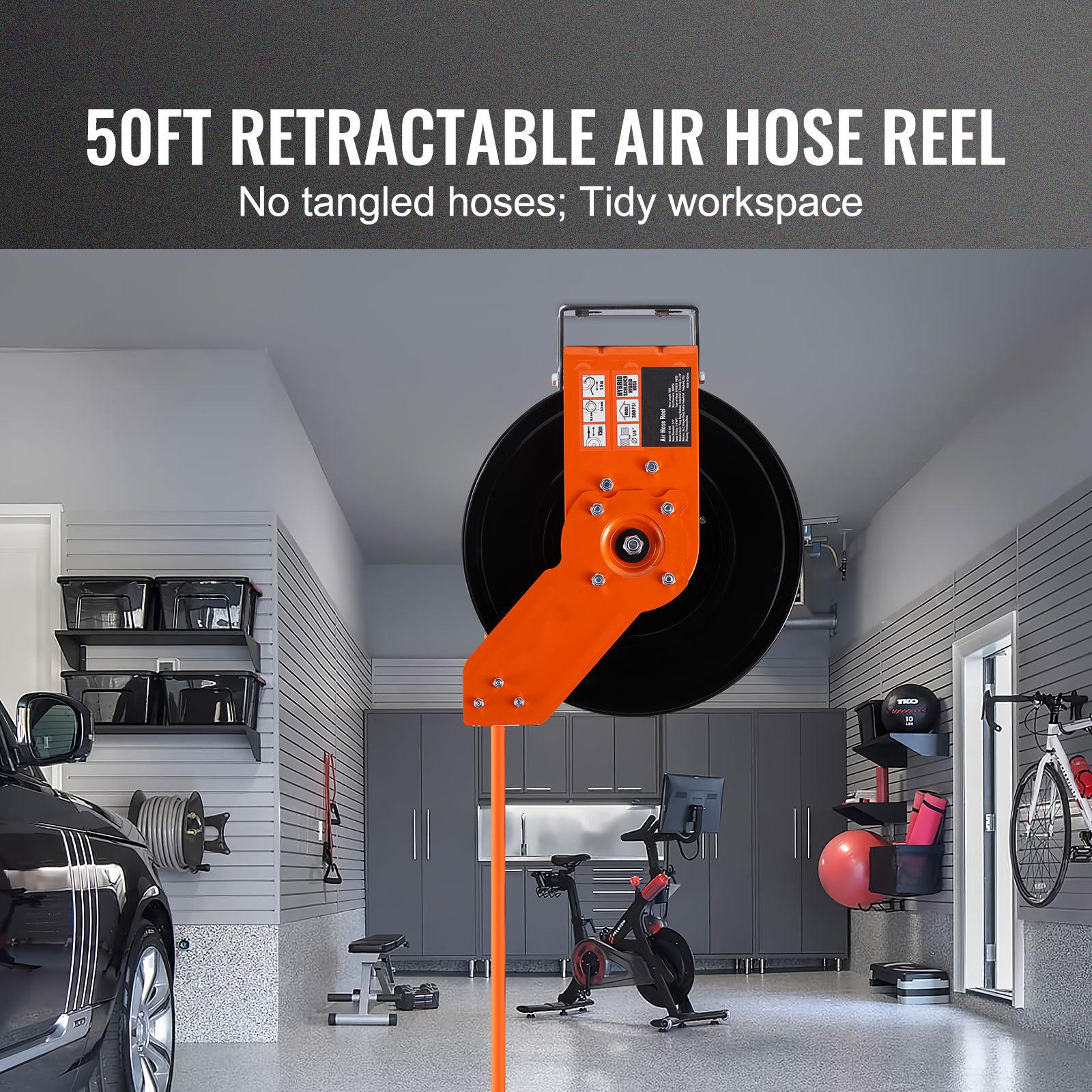 Retractable Air Hose Reel, 3/8 IN x 50 FT Hybrid Air Hose Max 300PSI, Air Compressor Hose Reel with 5 ft Lead in, Ceiling / Wall Mount Heavy Duty Single Arm Steel Reel