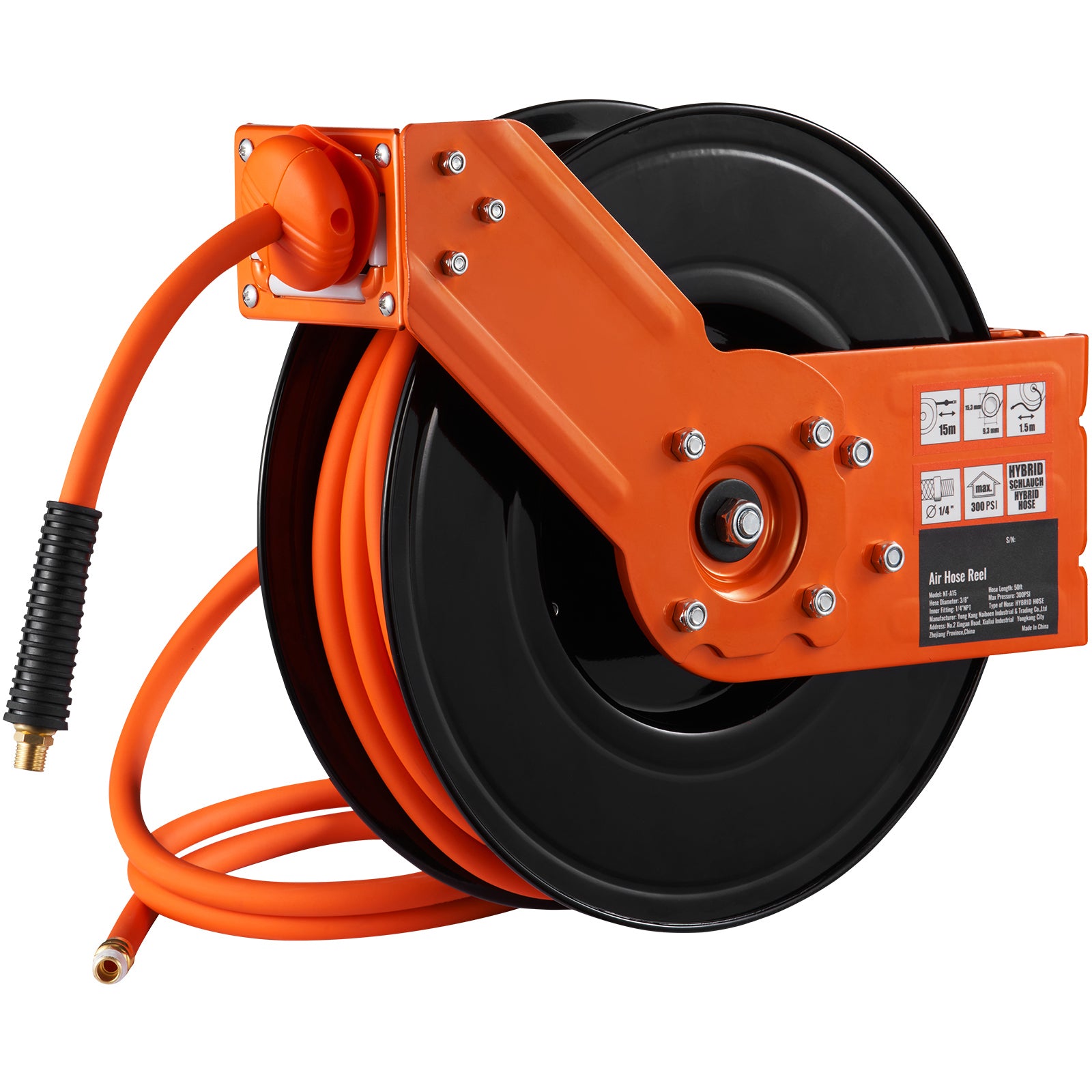 Retractable Air Hose Reel, 3/8 IN x 50 FT Hybrid Air Hose Max 300PSI, Air Compressor Hose Reel with 5 ft Lead in, Ceiling / Wall Mount Heavy Duty Single Arm Steel Reel