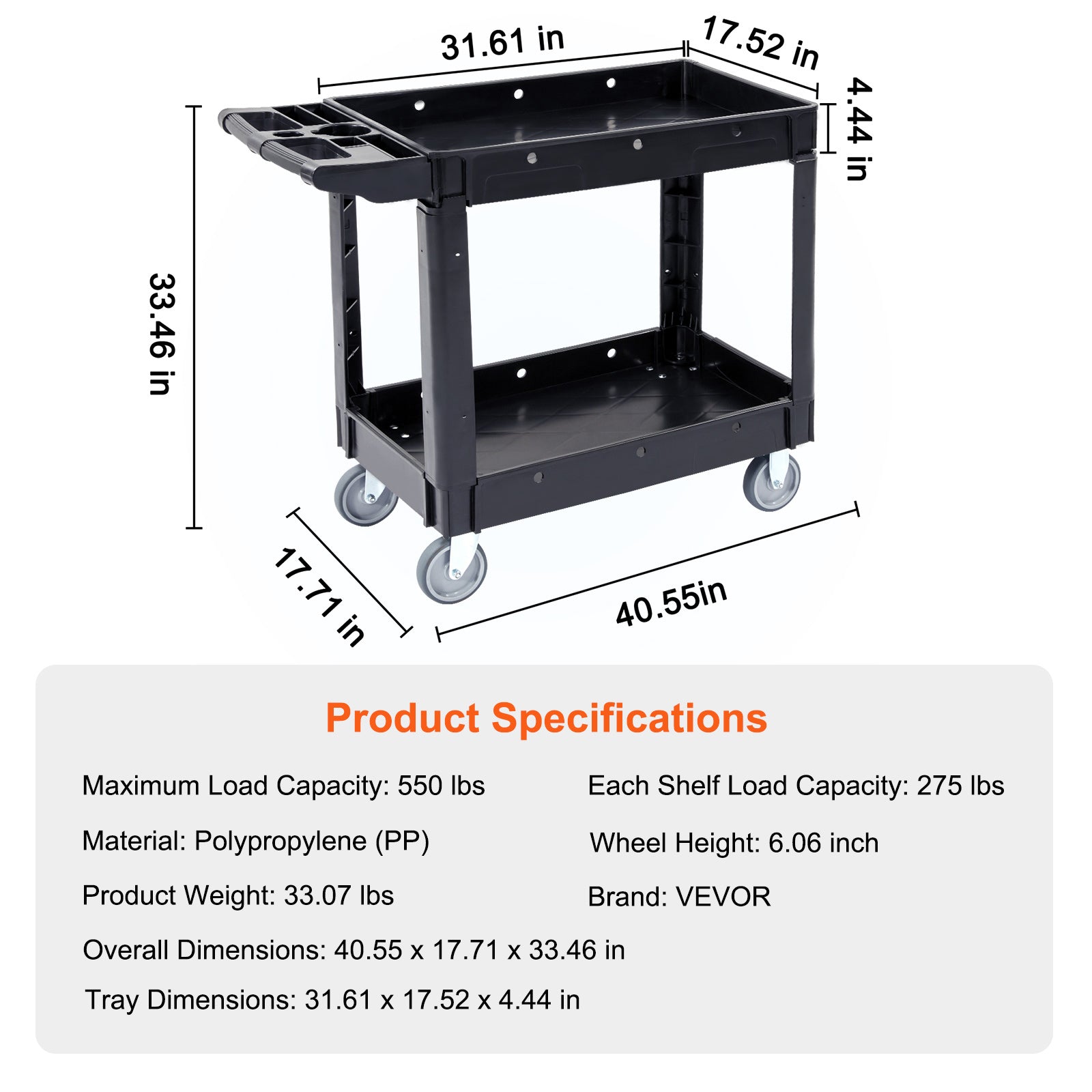Utility Service Cart, 2 Shelf 550LBS Heavy Duty Plastic Rolling Utility Cart with 360° Swivel Wheels, Medium Lipped Shelf, Ergonomic Storage Handle for Warehouse/Garage/Cleaning/Office