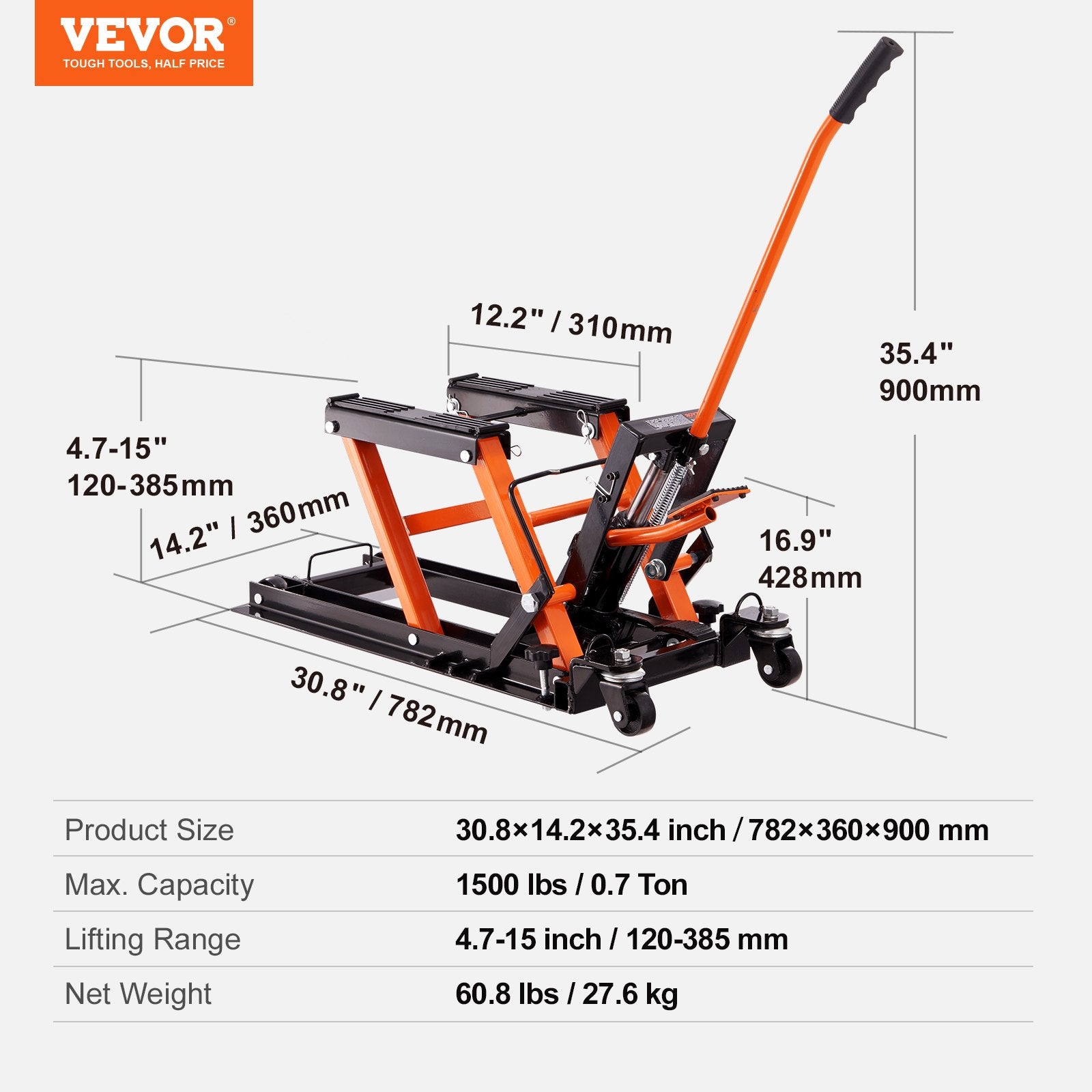 Steel Hydraulic Motorcycle Jack Stand, 1500 LBS ATV Scissor Lift Jack, 4.7"-15" Scissor Lift Jack Stand with 4 Wheels, Hydraulic Foot-Operated Hoist Stand for Motorcycle ATV UTV Powersports