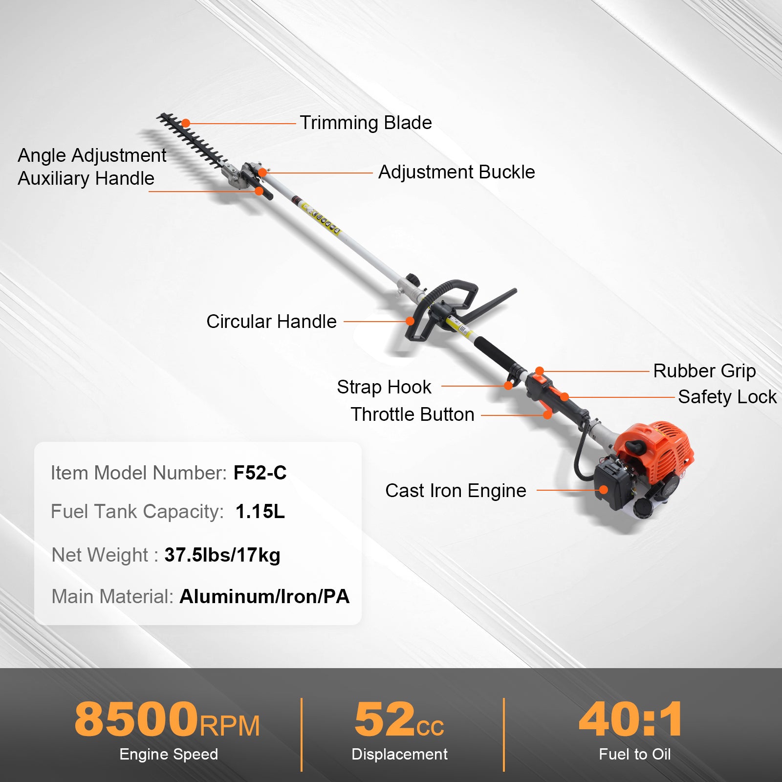 52CC 6-in-1 Multi-Functional Trimming Tools, Gas Hedge Trimmer, Weed Eater, String Trimmer, Brush Cutter, Edger, Pole Saw Chainsaw Pruner with Extension Pole