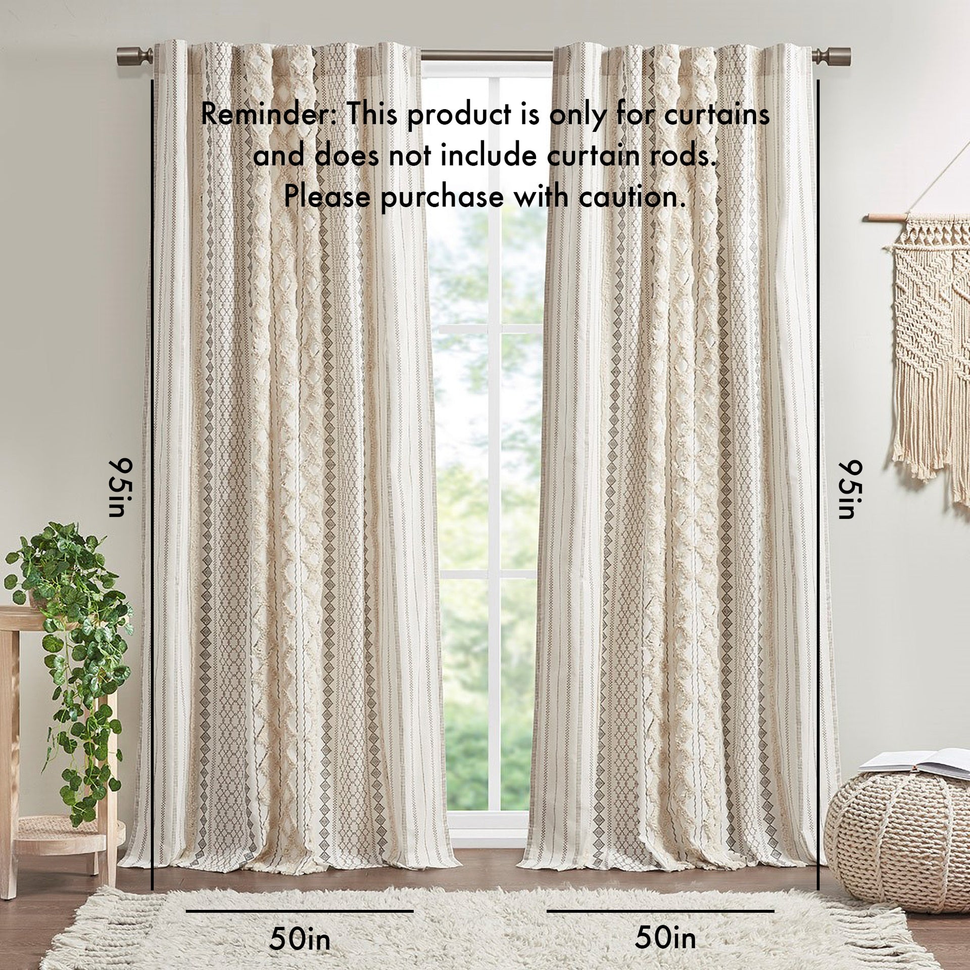 Cotton Printed Curtain Panel with Chenille Stripe and Lining Ivory 50x95 inch