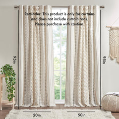 Cotton Printed Curtain Panel with Chenille Stripe and Lining Ivory 50x95 inch