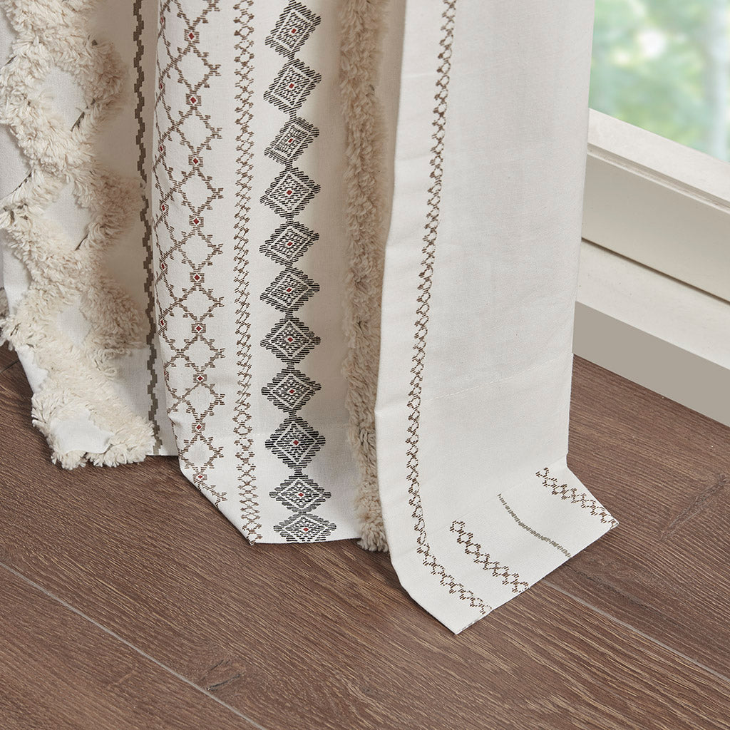 Cotton Printed Curtain Panel with Chenille Stripe and Lining Ivory 50x95 inch