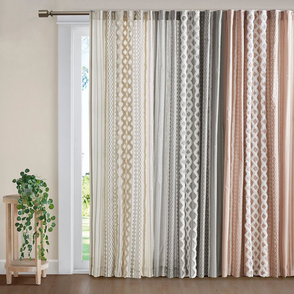 Cotton Printed Curtain Panel with Chenille Stripe and Lining Ivory 50x95 inch