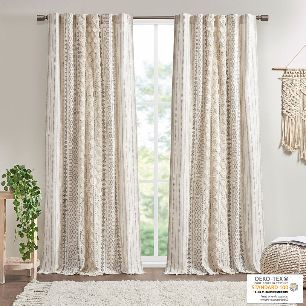 Cotton Printed Curtain Panel with Chenille Stripe and Lining Ivory 50x95 inch