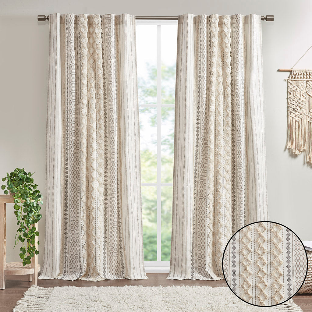 Cotton Printed Curtain Panel with Chenille Stripe and Lining Ivory 50x95 inch