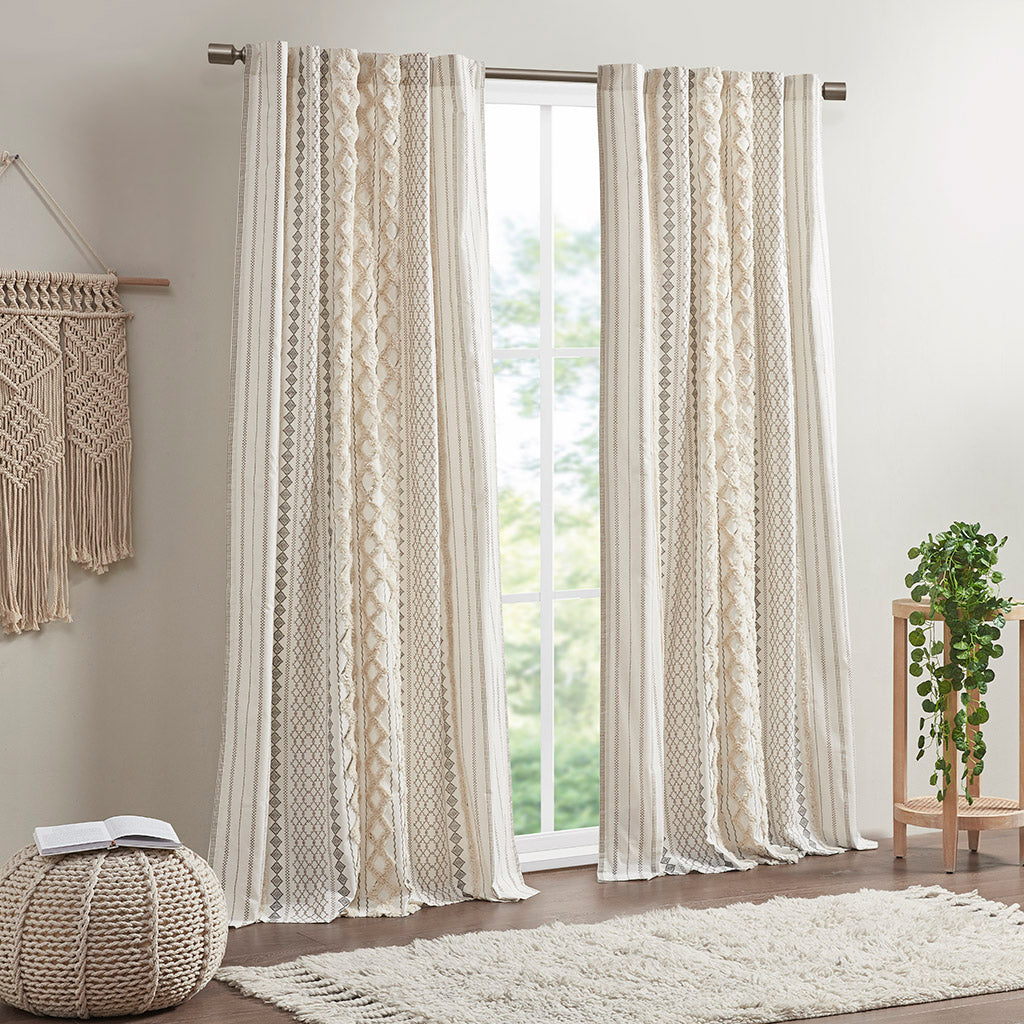 Cotton Printed Curtain Panel with Chenille Stripe and Lining Ivory 50x95 inch