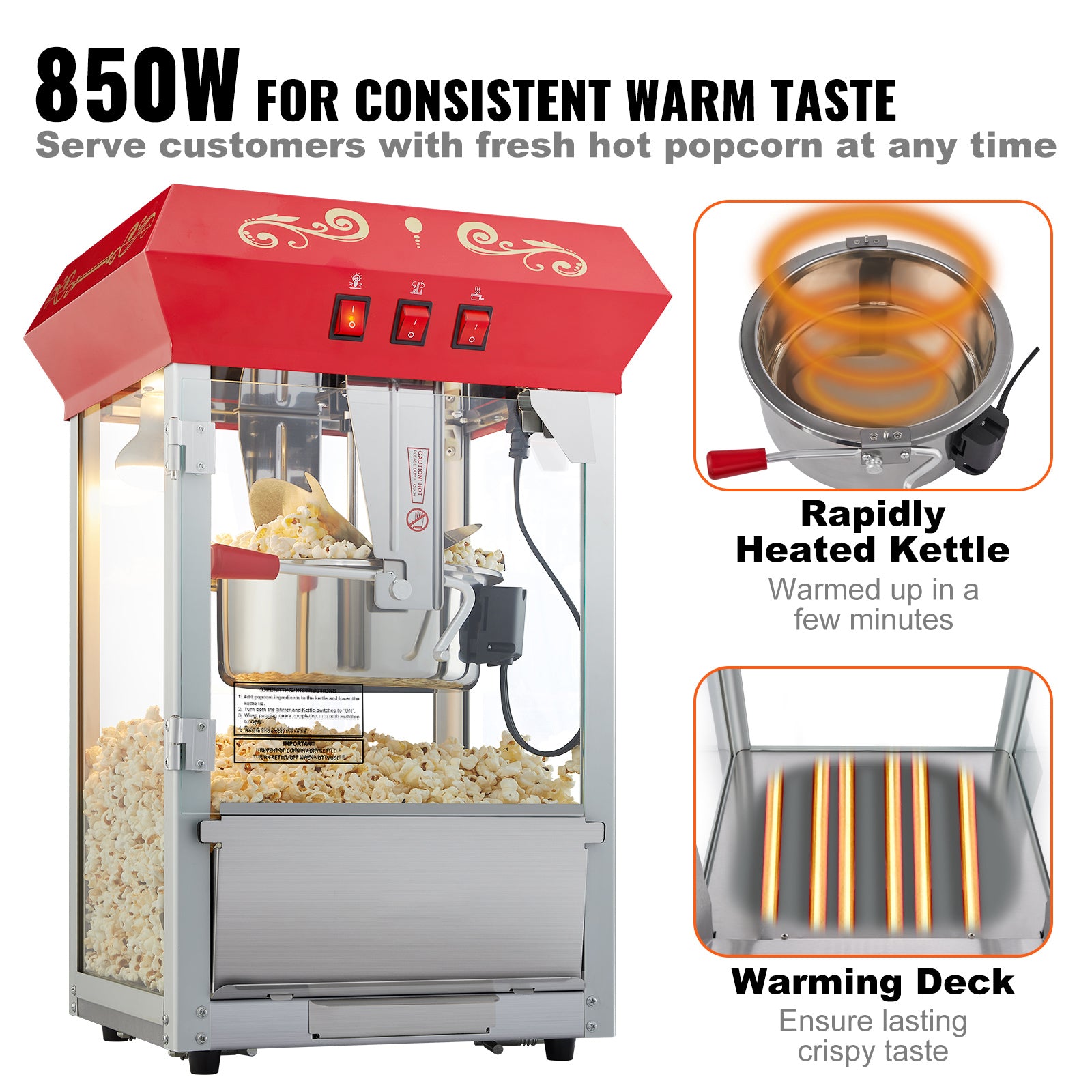 Popcorn Popper Machine 8 Oz Countertop Popcorn Maker 850W 48 Cups Red