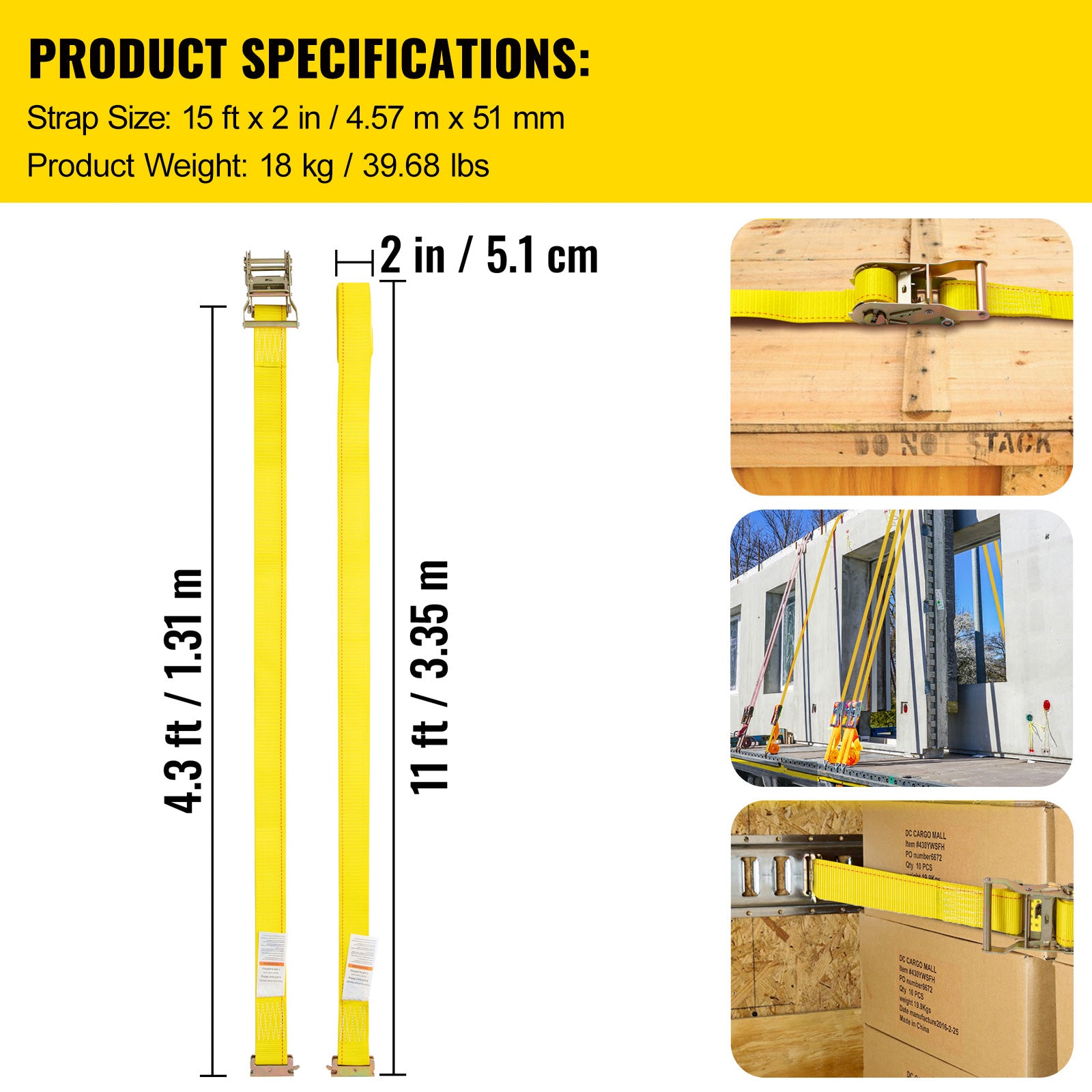 E Track Ratchet Strap, 18PCS 2" x 15' E-Track Straps 4400 LBS Breaking Strength, with Polyester Webbing & Spring Fitting & Ratchets, Durable Tie-Downs for Motorcycles, Tire, Trailer Loads